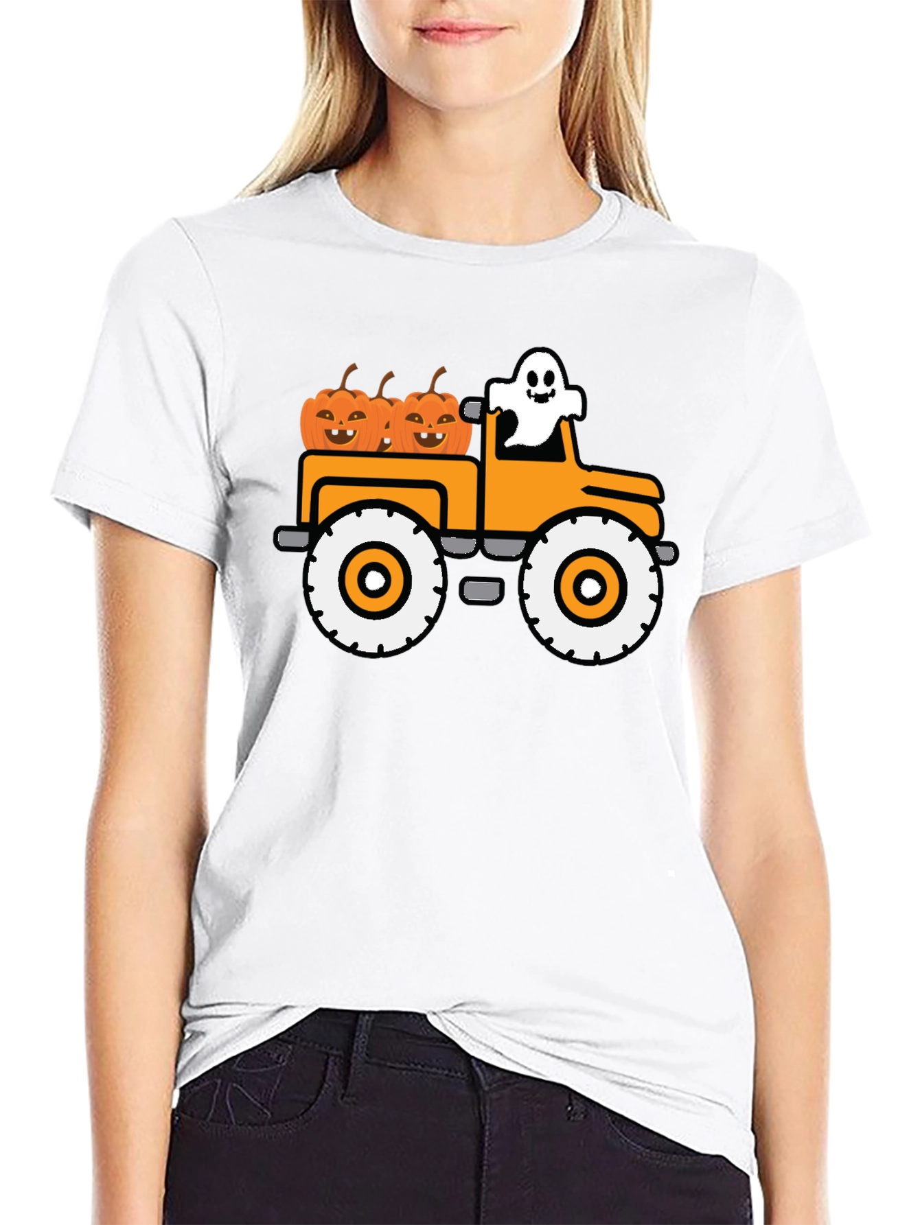 Black Halloween Ghost Pumpkin Truck T-Shirt view 9