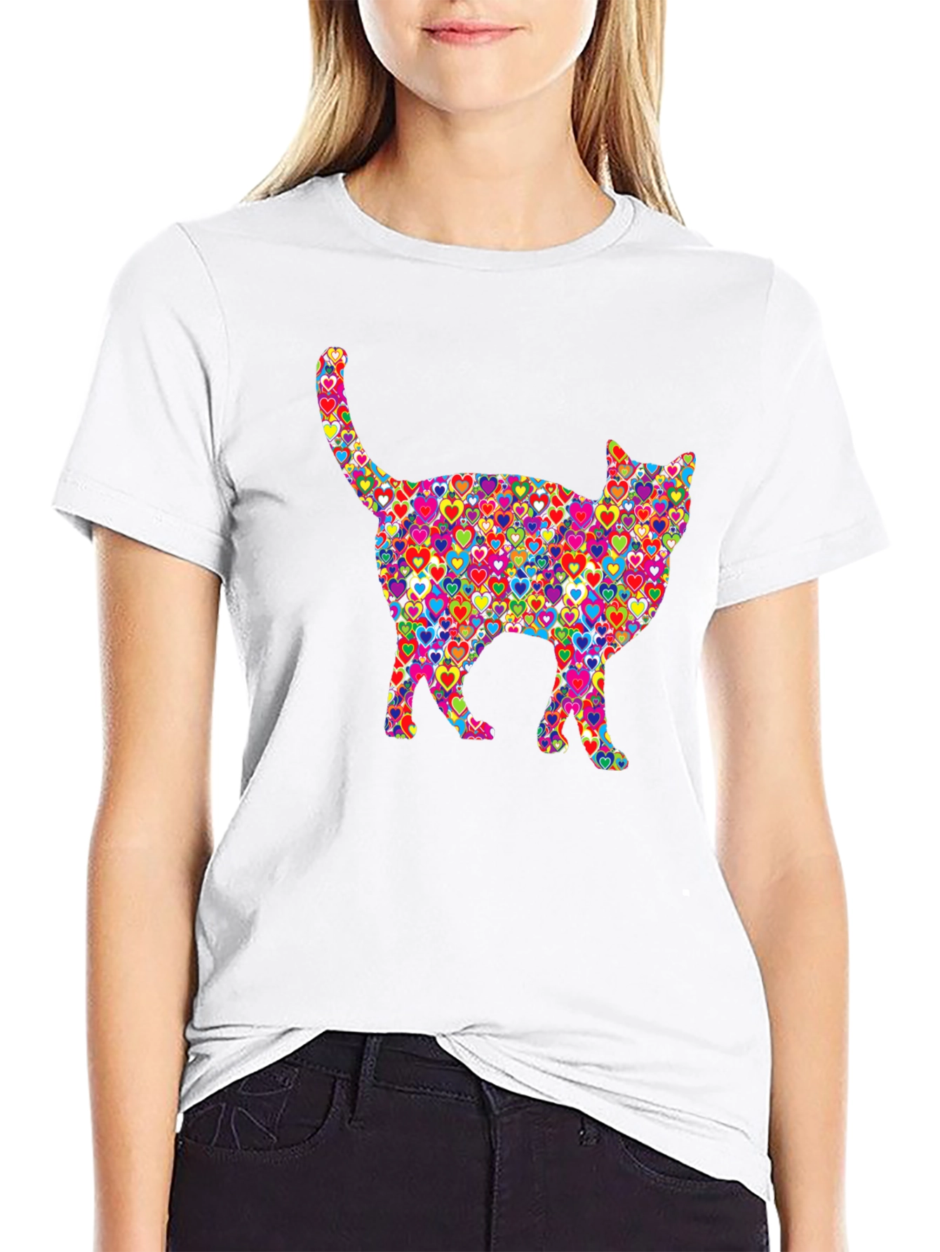 Black Colorful Heart Cat Graphic T-Shirt view 9
