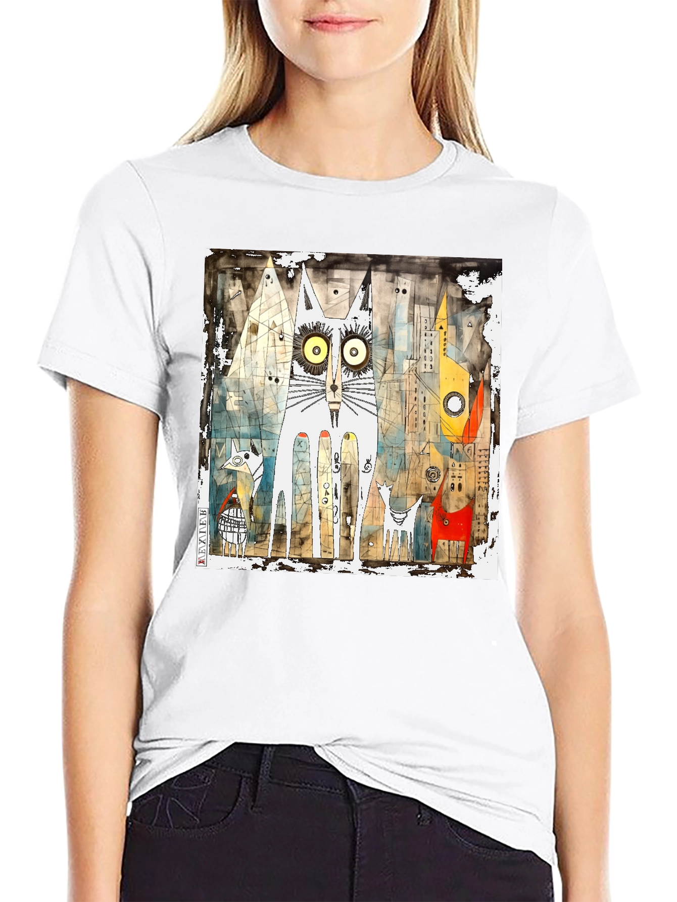 Black Urban Cat Art Graphic T-Shirt view 9