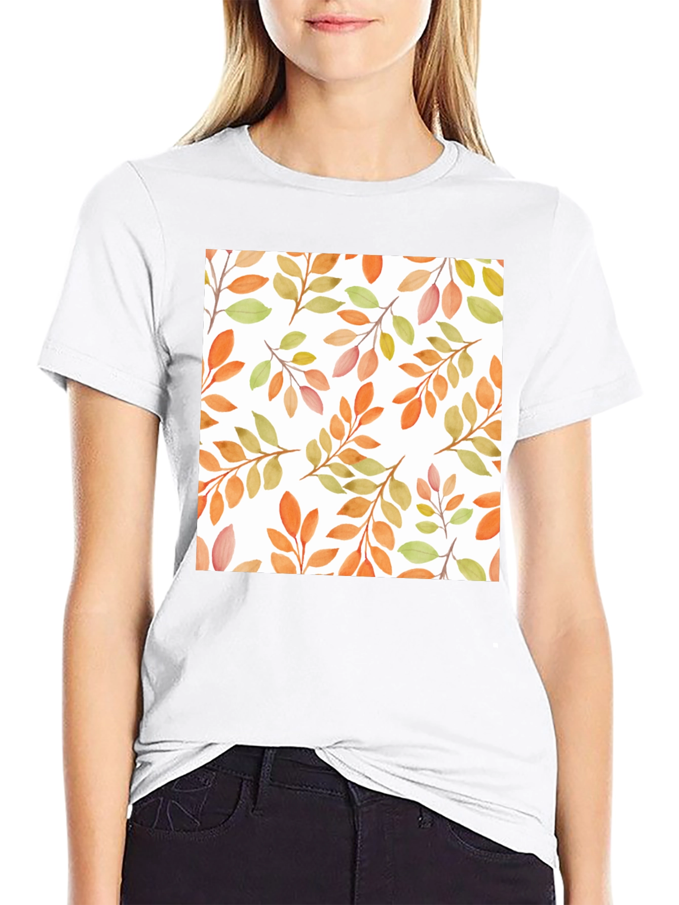 Black Autumn Leaves Pattern Black T-Shirt view 9