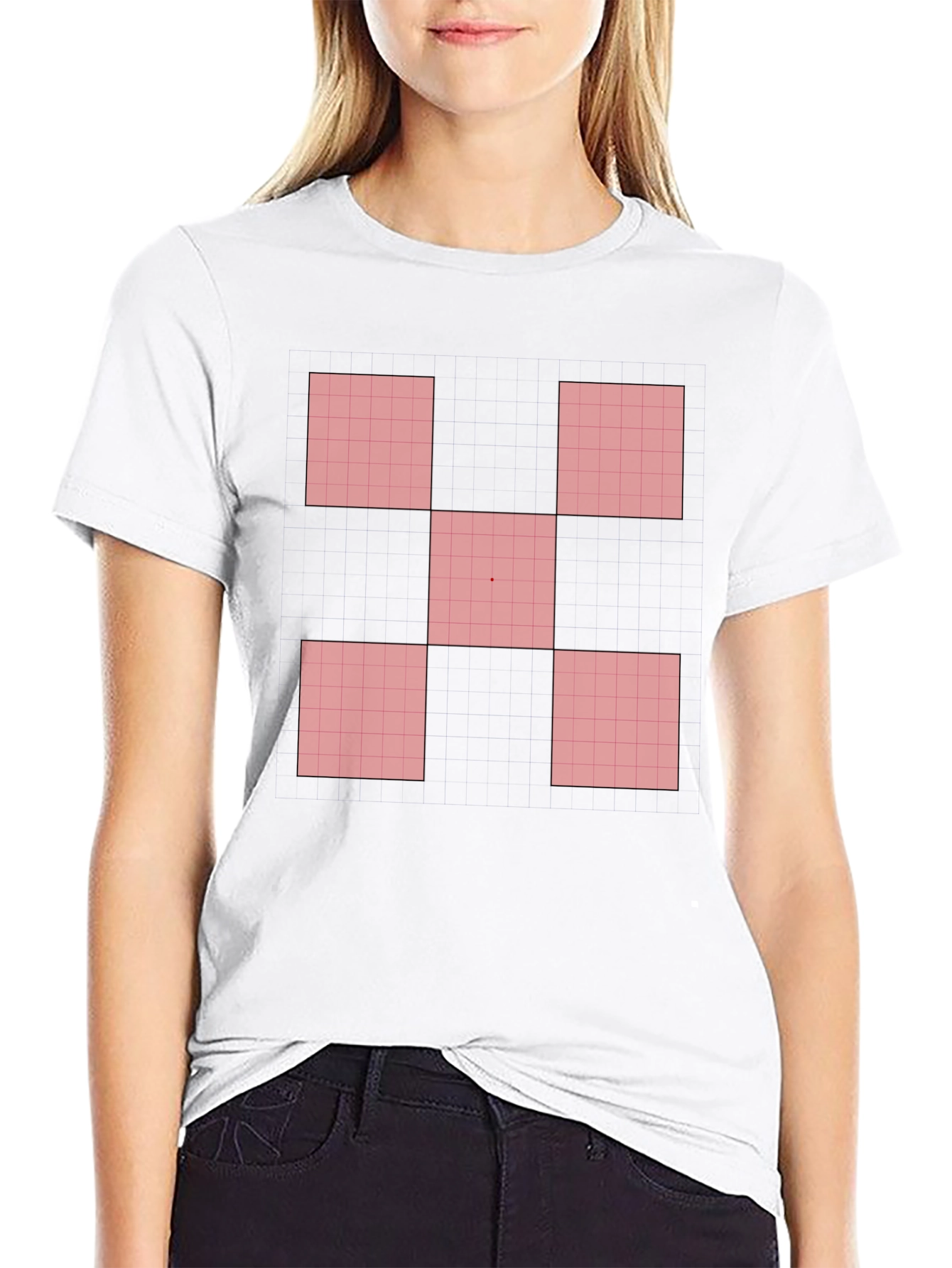 Black Geometric Red Square Pattern Black T-Shirt view 9