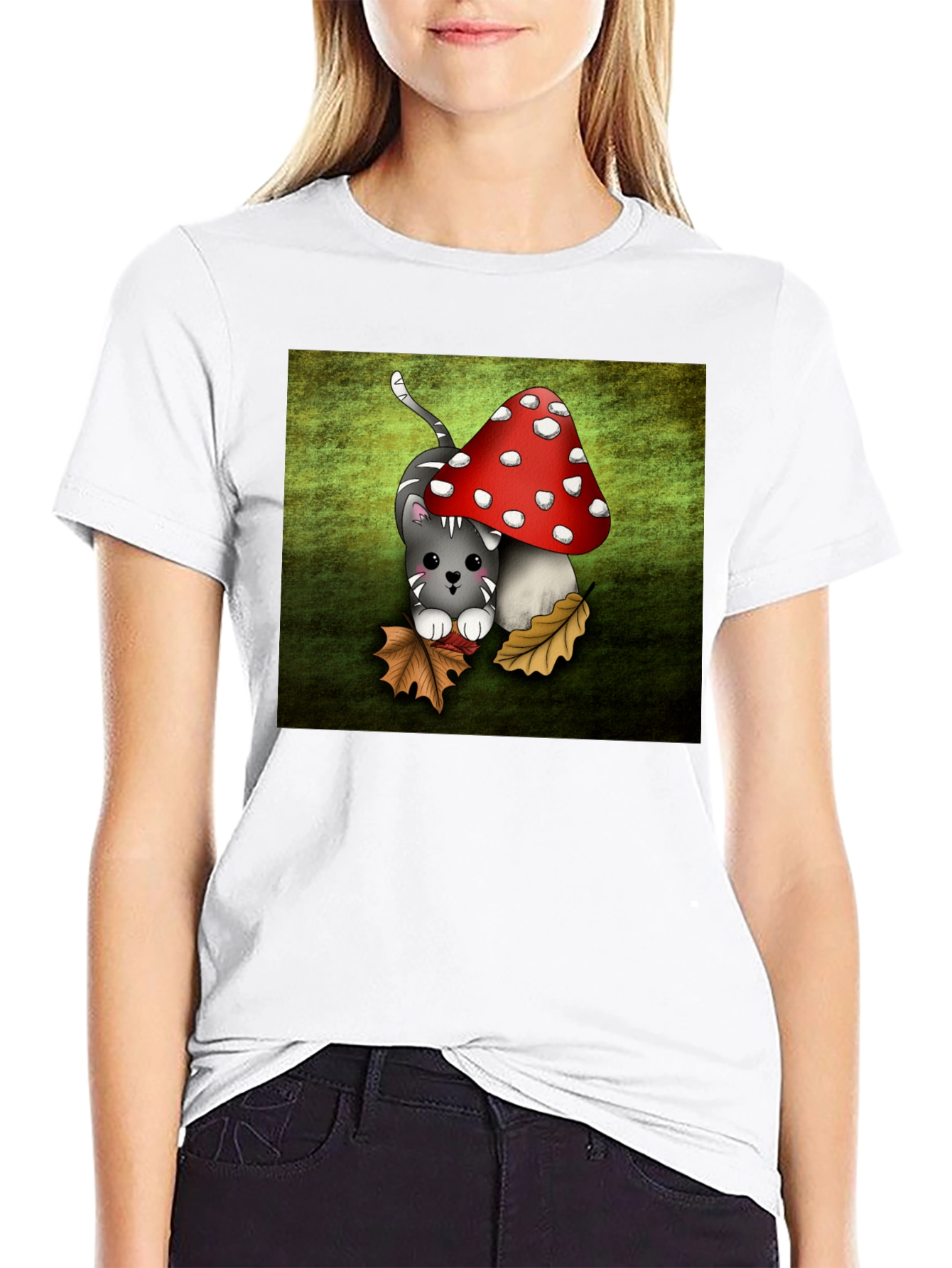 Black Cute Cartoon Cat and Mushroom Graphic T-Shirt view 9