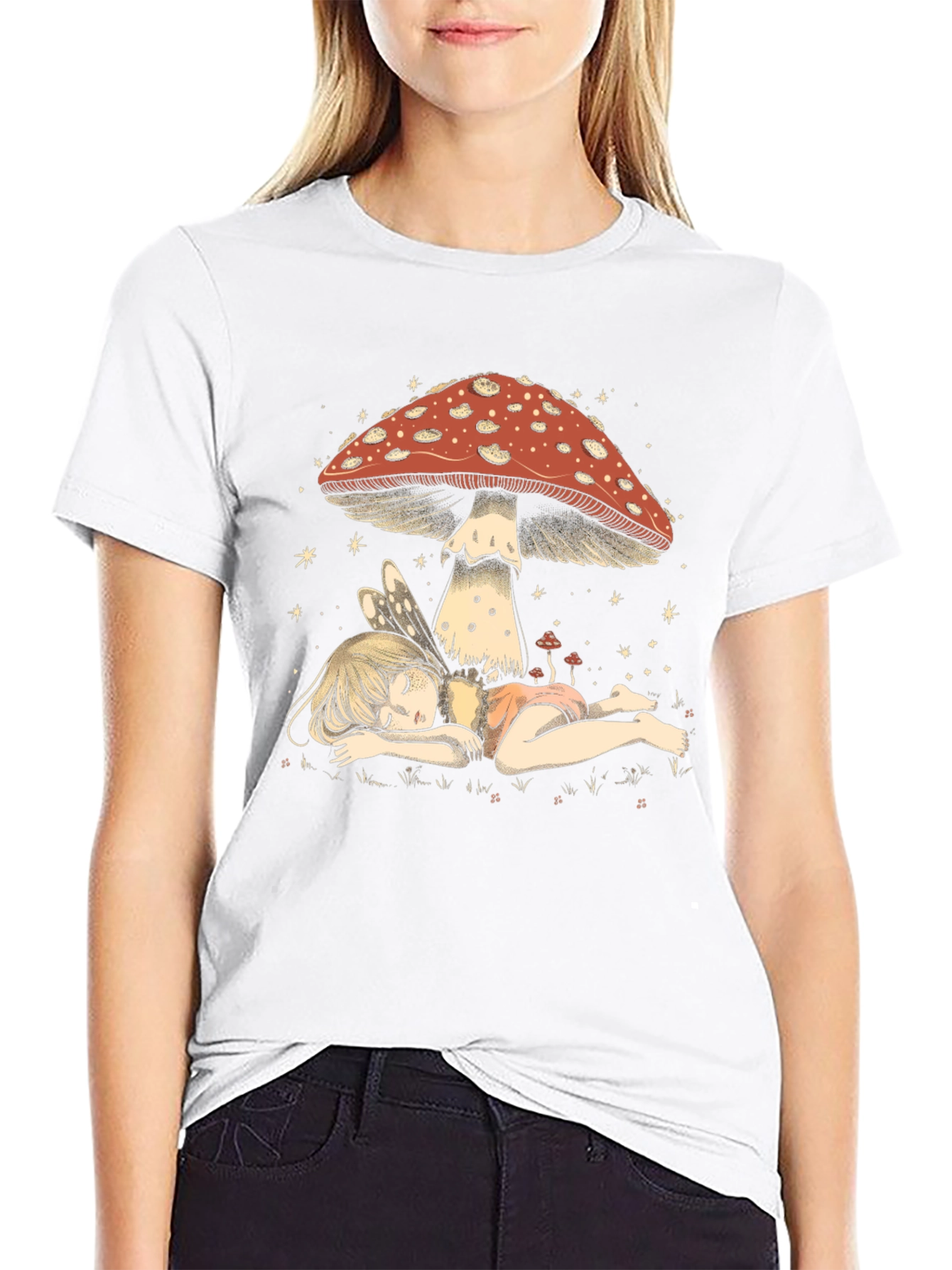 Black Whimsical Mushroom Fairy Graphic Tee view 9