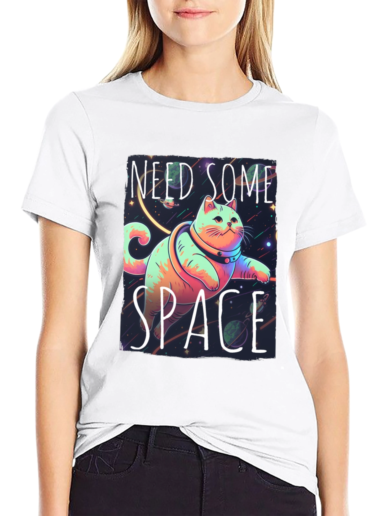 Black Need Some Space Cat Graphic Tee - Black view 9