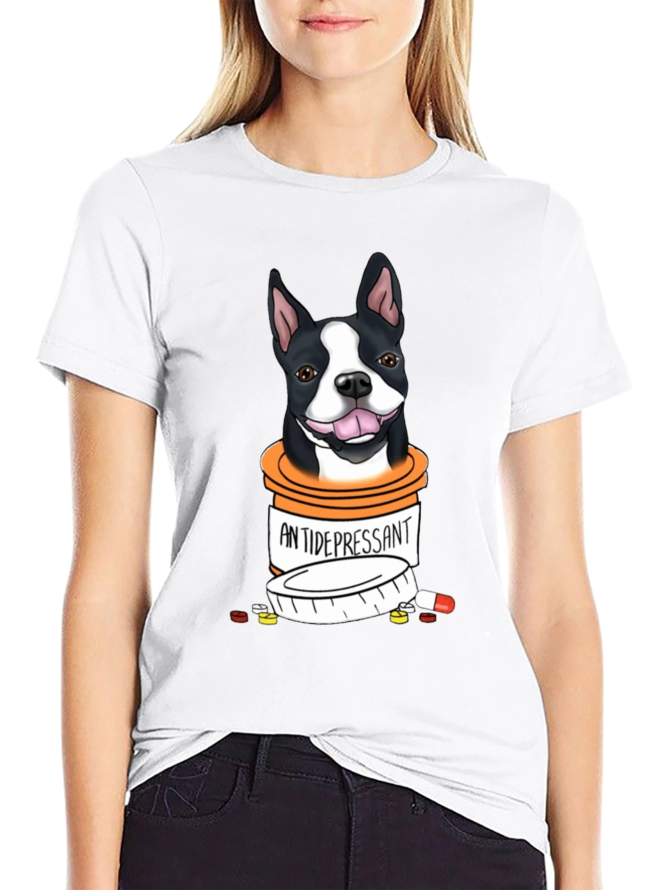 Black Dog Antidepressant T-Shirt - Cute Boston Terrier Graphic Tee view 9