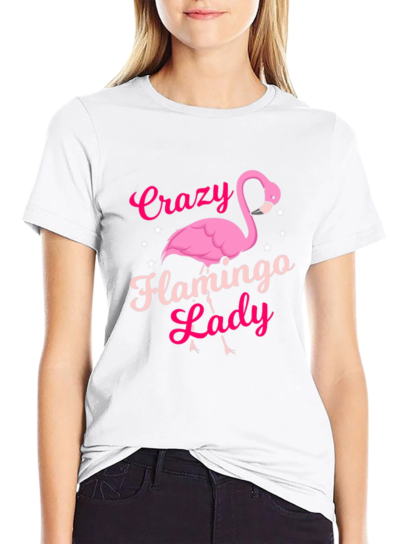 Black Crazy Flamingo Lady T-Shirt - Novelty Graphic Tee view 9