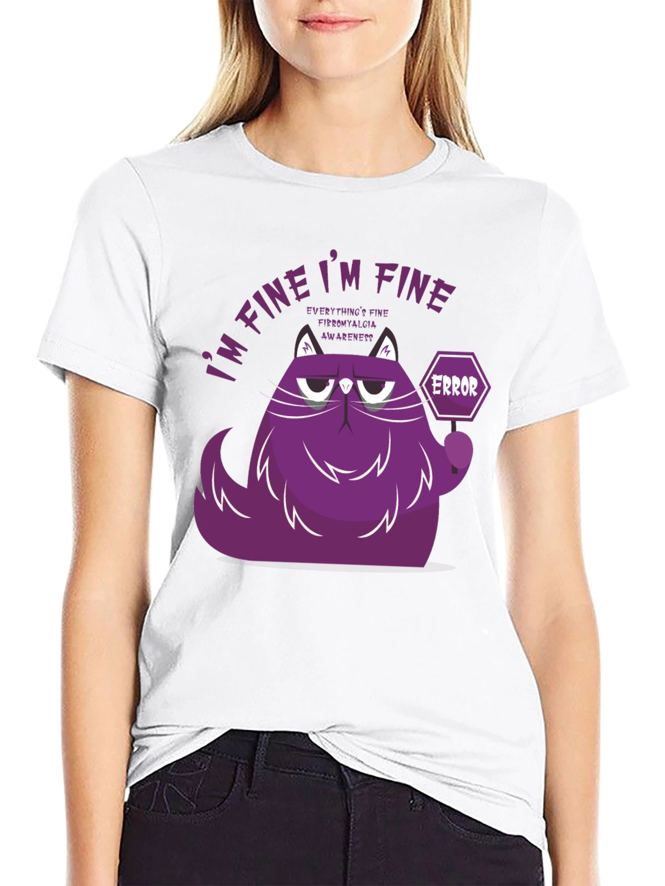 Black I'm Fine Cat T-Shirt - Fibromyalgia Awareness view 9