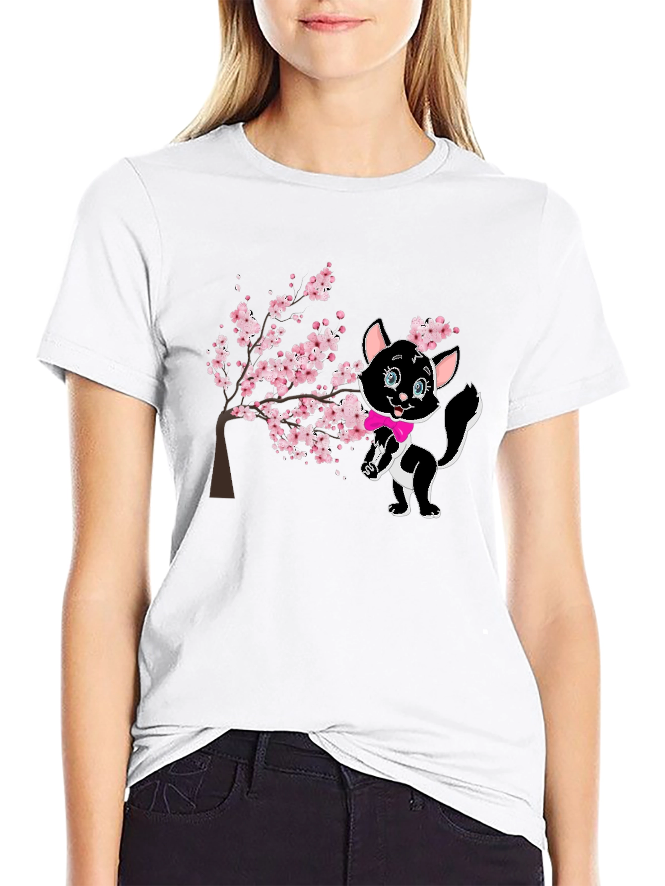 Black Cute Cat & Cherry Blossom Black T-Shirt view 9
