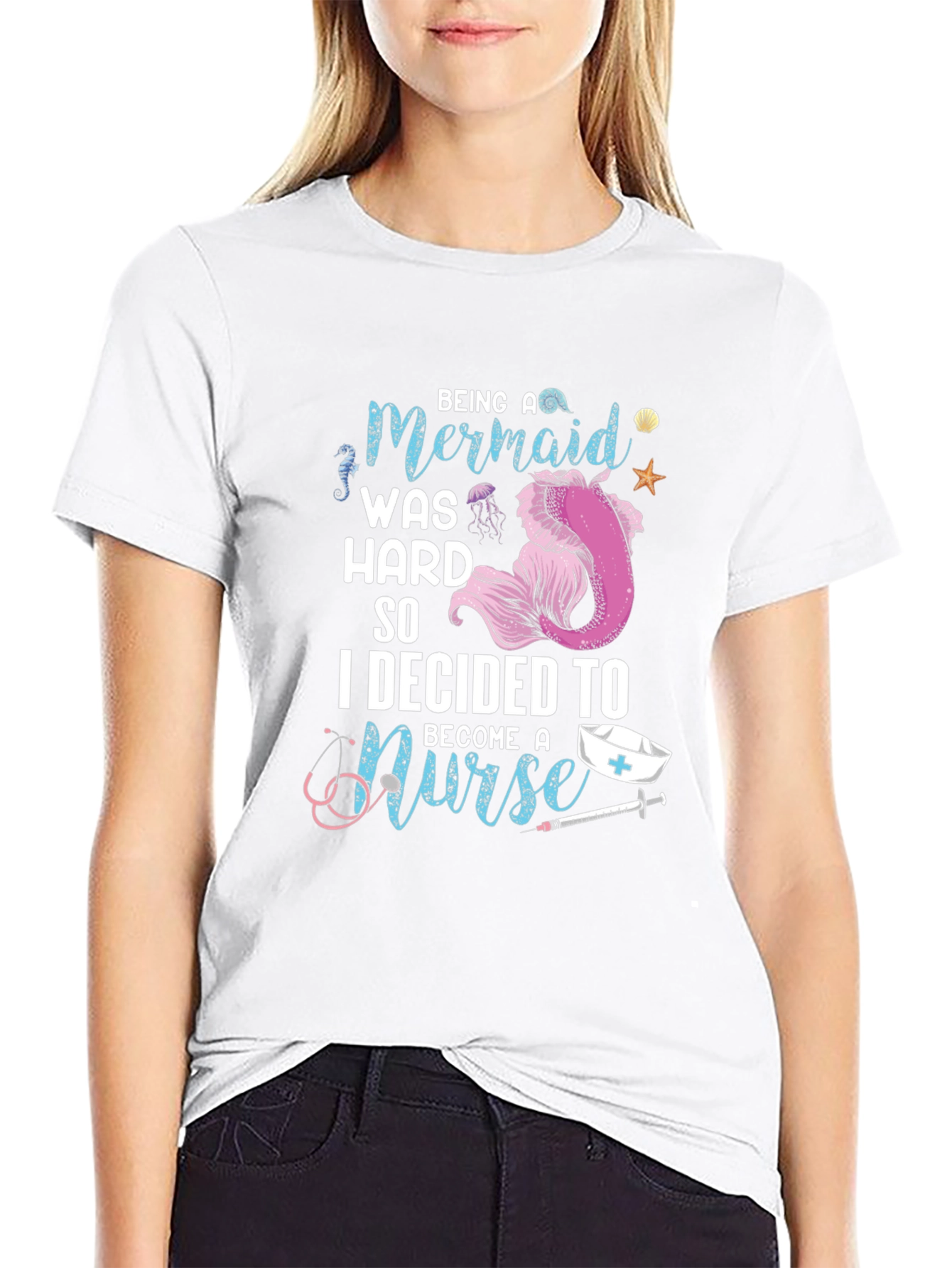 Black Mermaid Nurse Graphic Tee - Novelty T-Shirt view 9