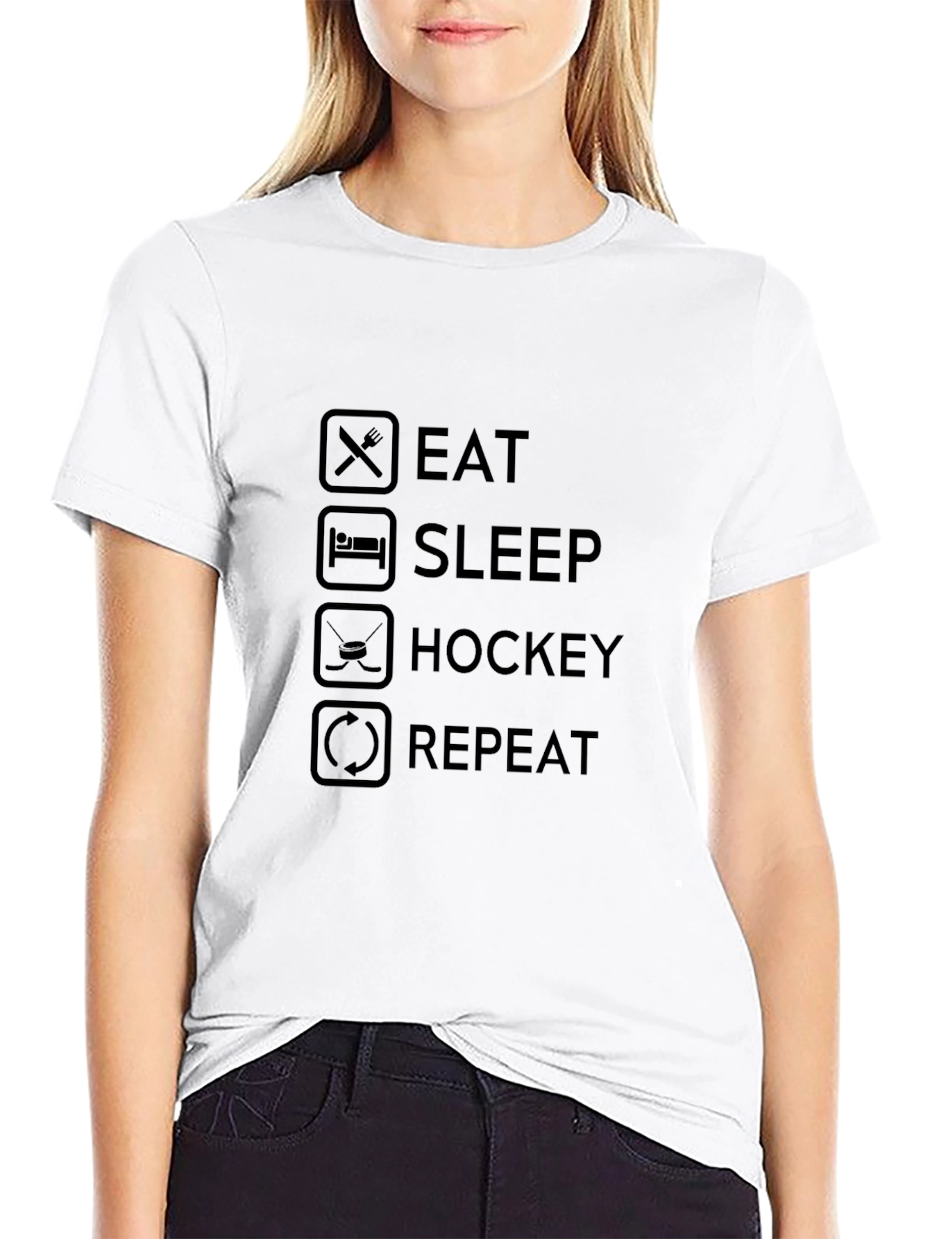 Black Eat Sleep Hockey Repeat Black Graphic Tee view 9