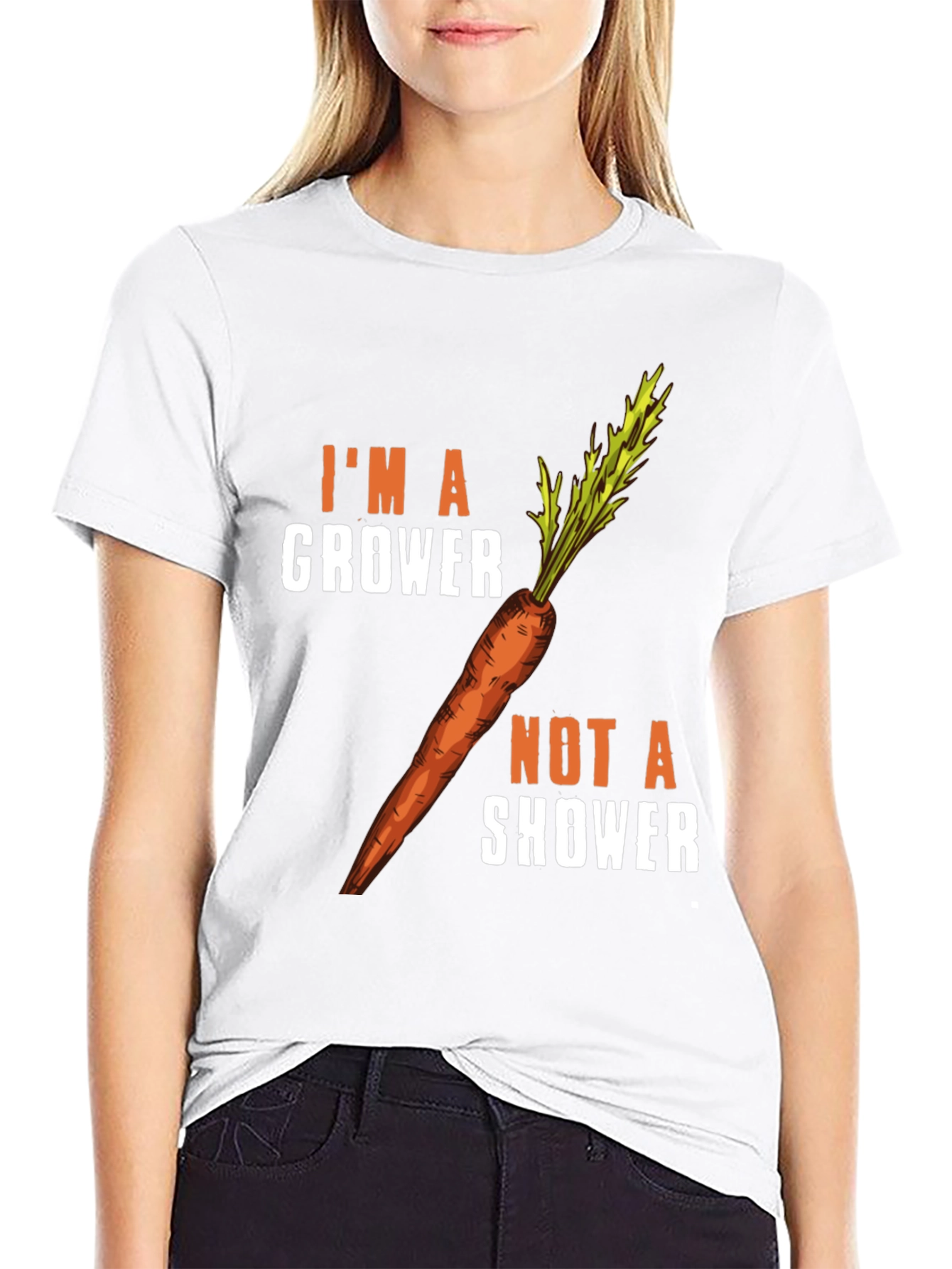 Black I'm a Grower Not a Shower Carrot Humor T-Shirt view 9