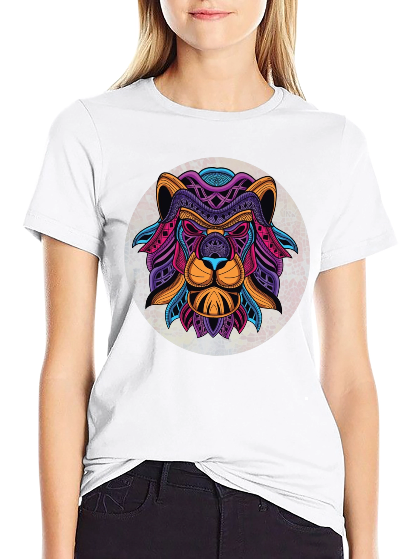 Black Geometric Lion Graphic Black T-Shirt view 9
