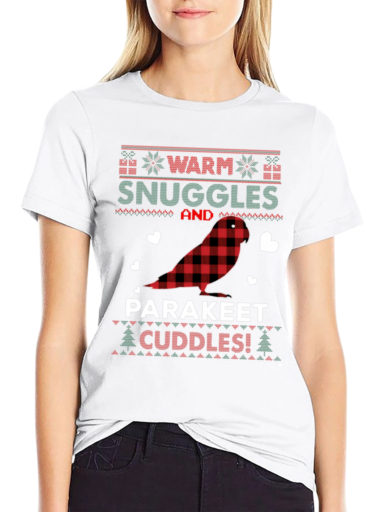 Black Parakeet Cuddles Christmas T-Shirt view 9