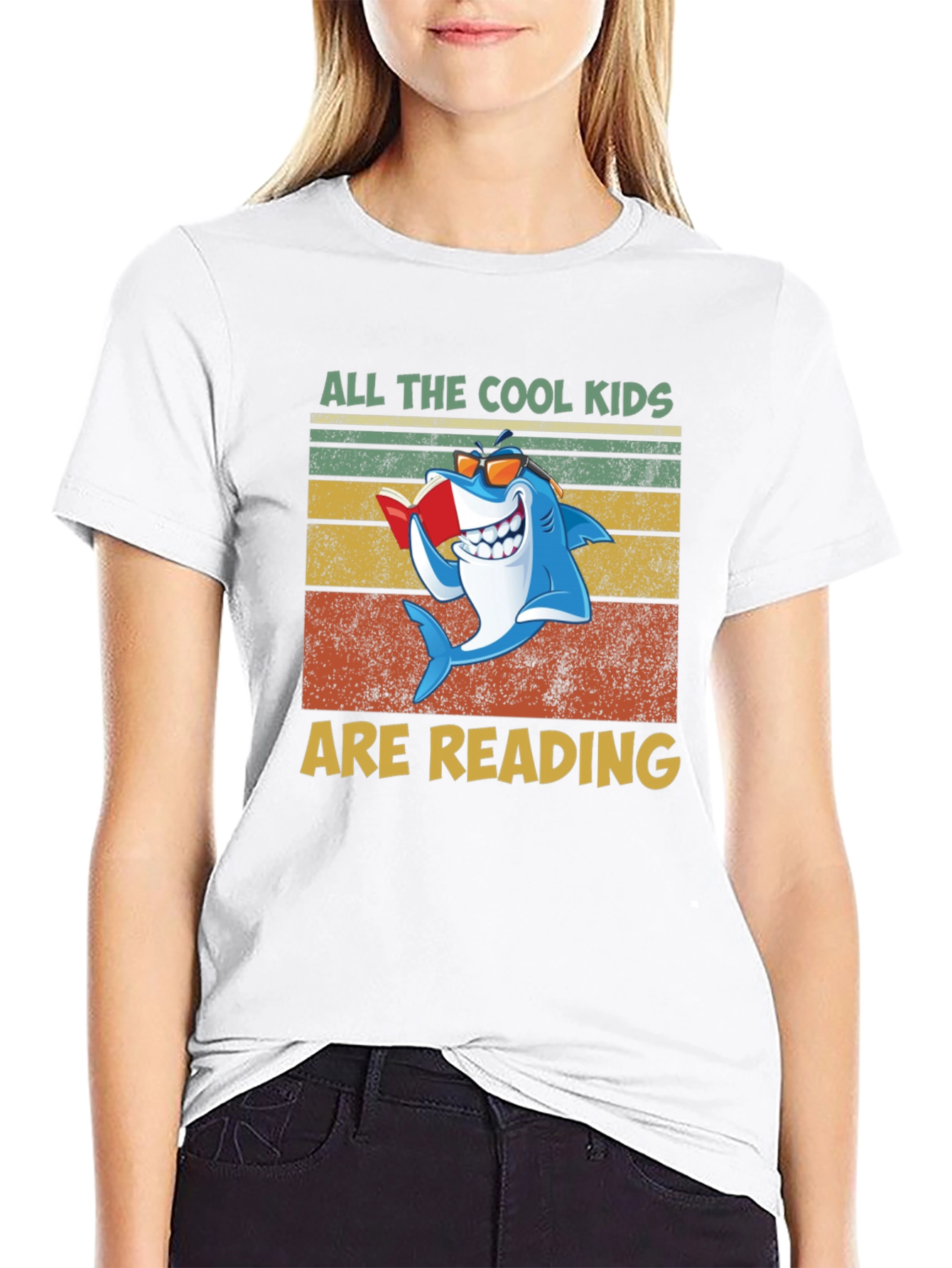 Black Cool Kids Reading Shark Graphic T-Shirt view 9