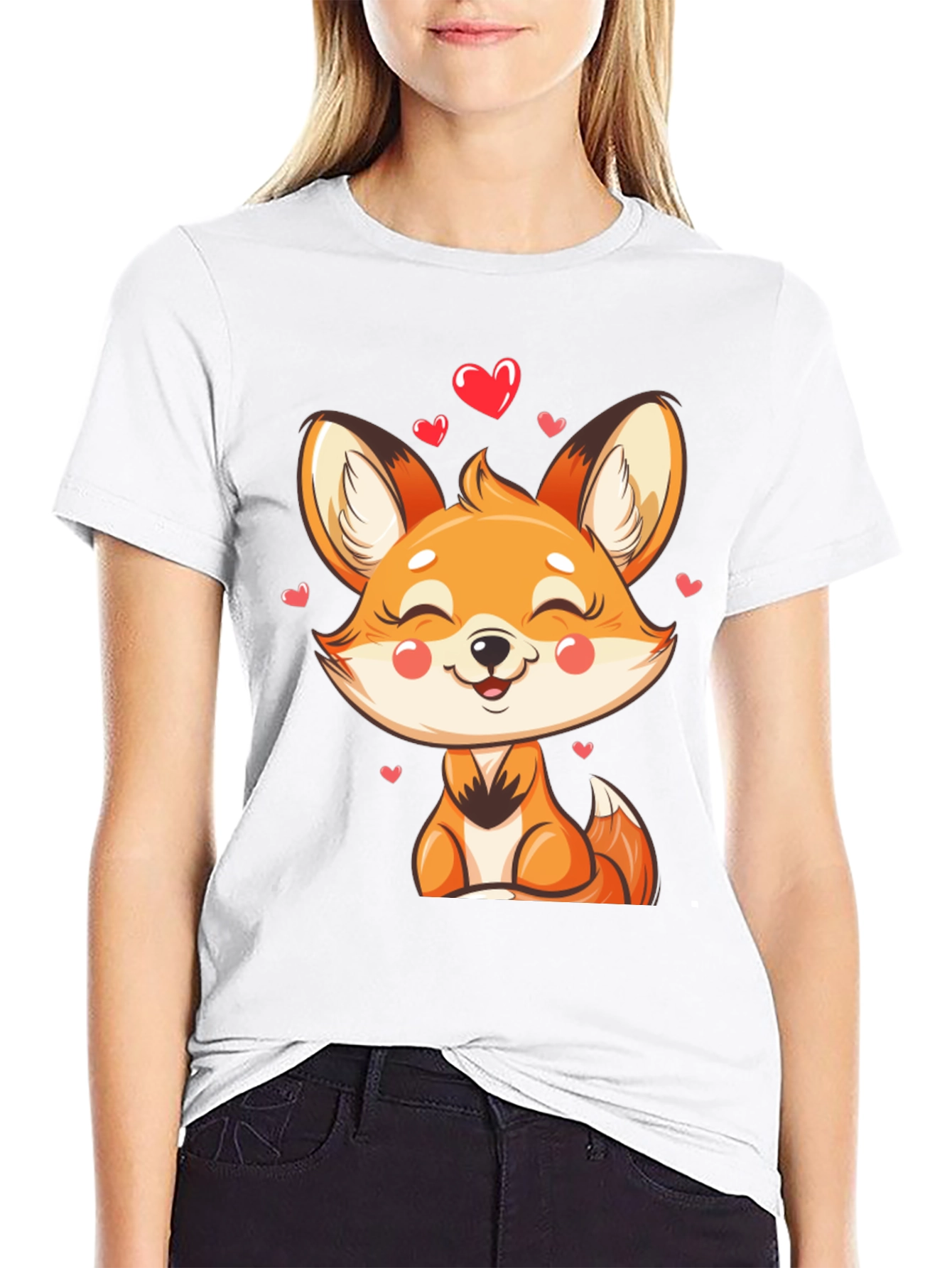 Black Cute Fox Heart Graphic Black T-Shirt view 9