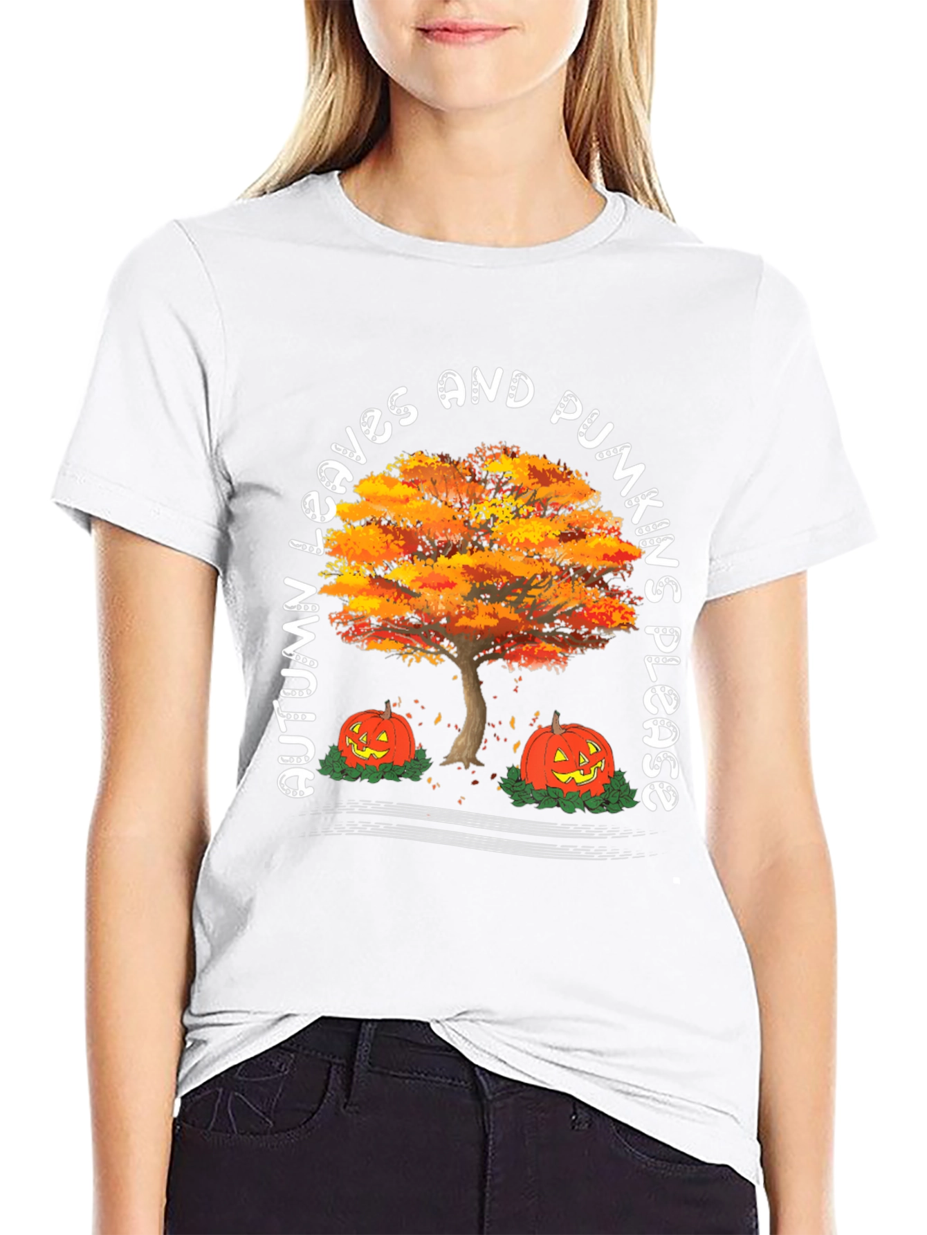 Black Autumn Leaves & Pumpkins Please Graphic Tee view 9