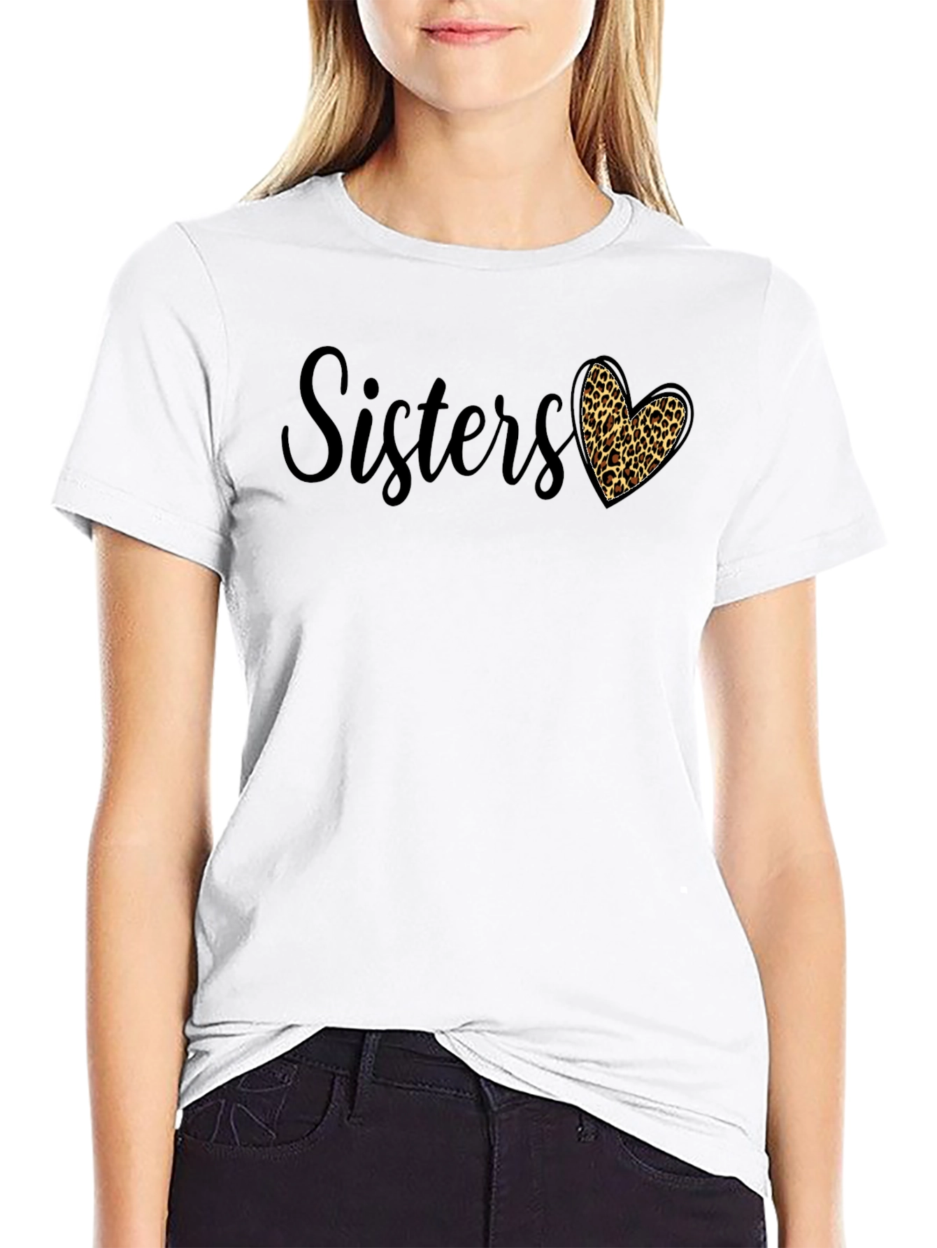 Black Sisters Leopard Print Heart Graphic Tee view 9