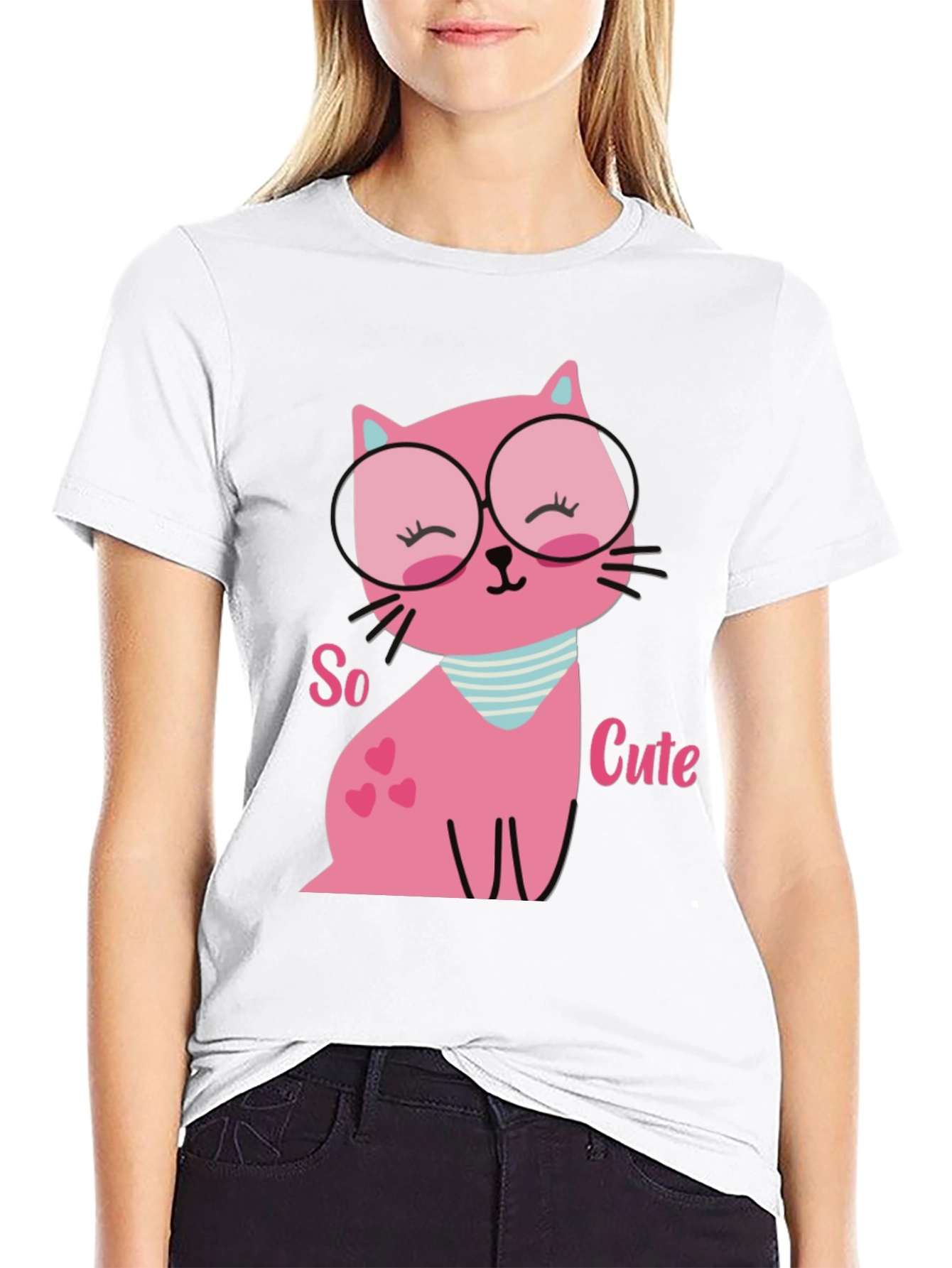 Black Cute Pink Cat T-Shirt view 9