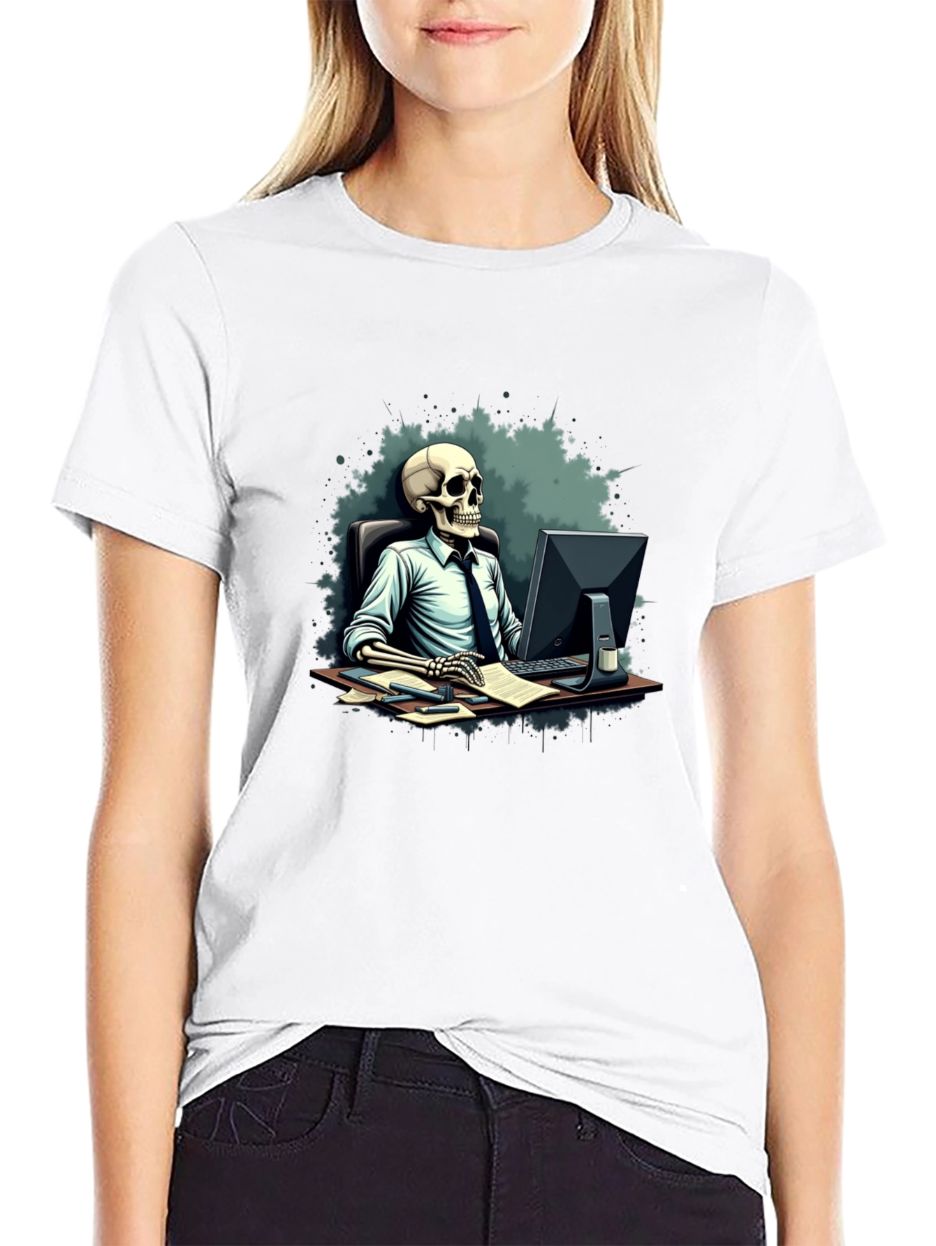 Black Skeleton Office Worker Black T-Shirt view 9