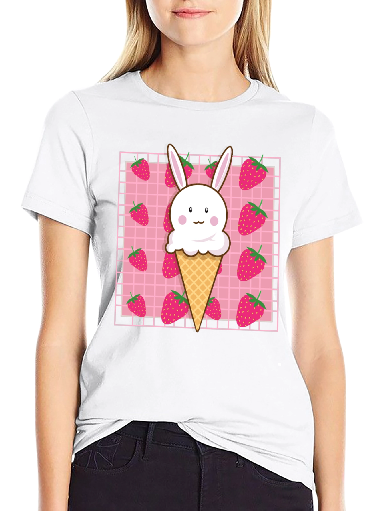 Black Kawaii Strawberry Bunny Ice Cream T-Shirt view 9