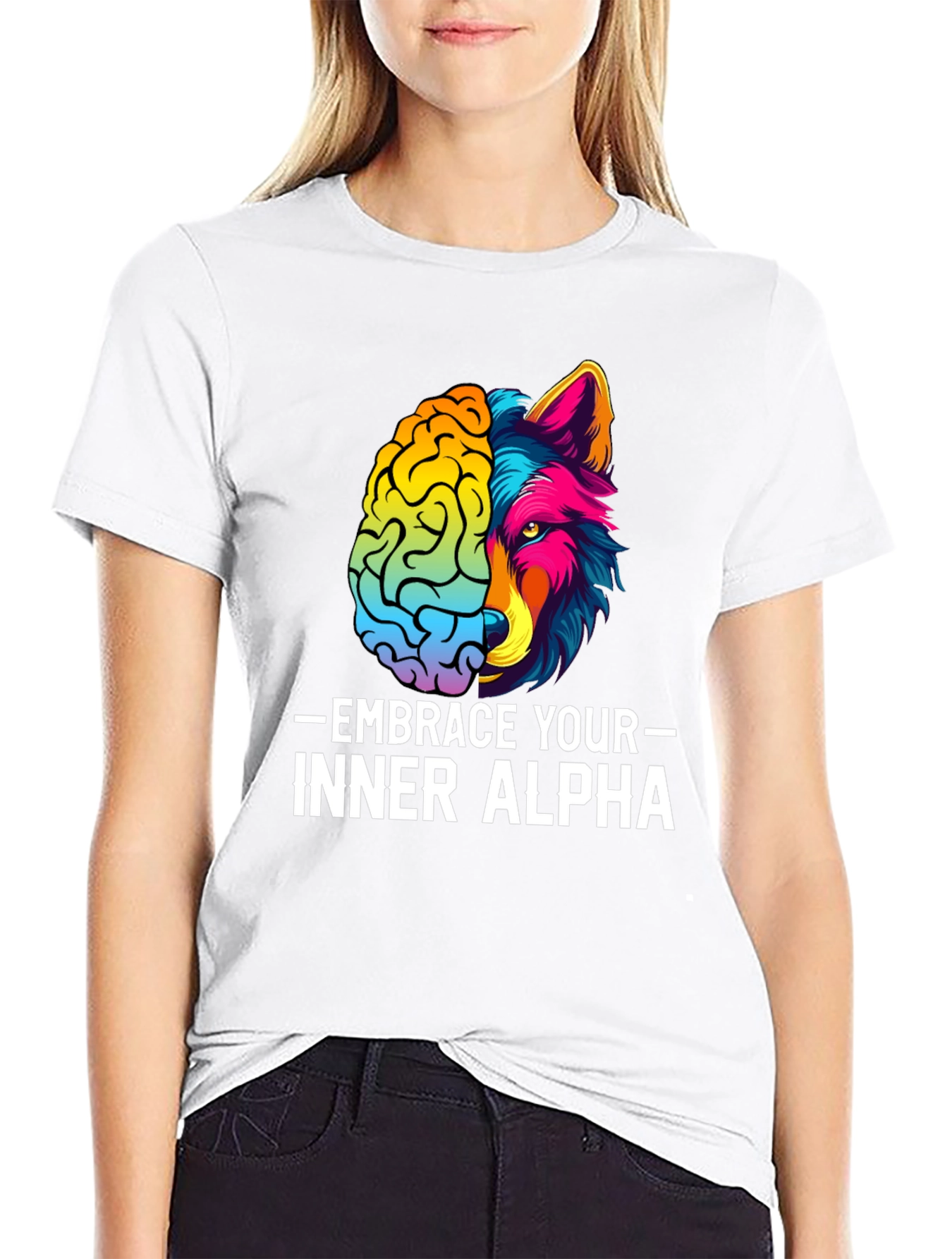 Black Embrace Your Inner Alpha T-Shirt - Brain & Wolf Design view 9