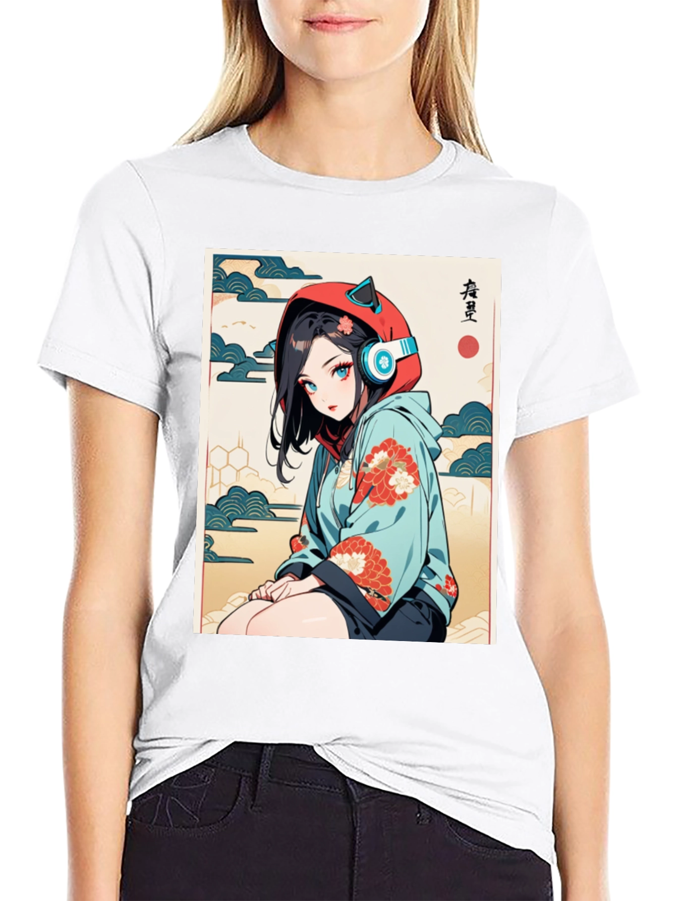 Black Anime Girl Ukiyo-e Style Graphic Tee view 9