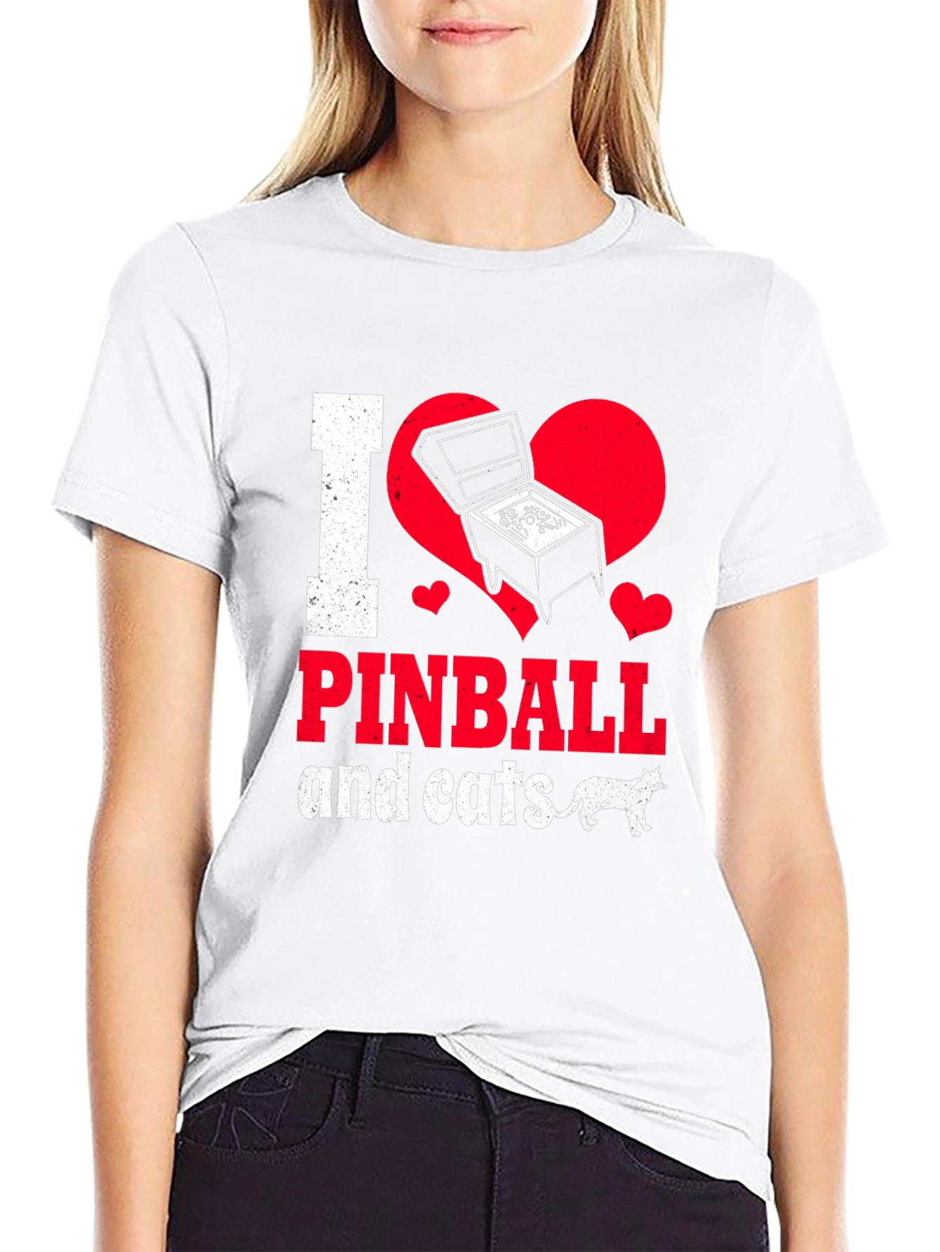 Black I Love Pinball and Cats Graphic T-Shirt view 9