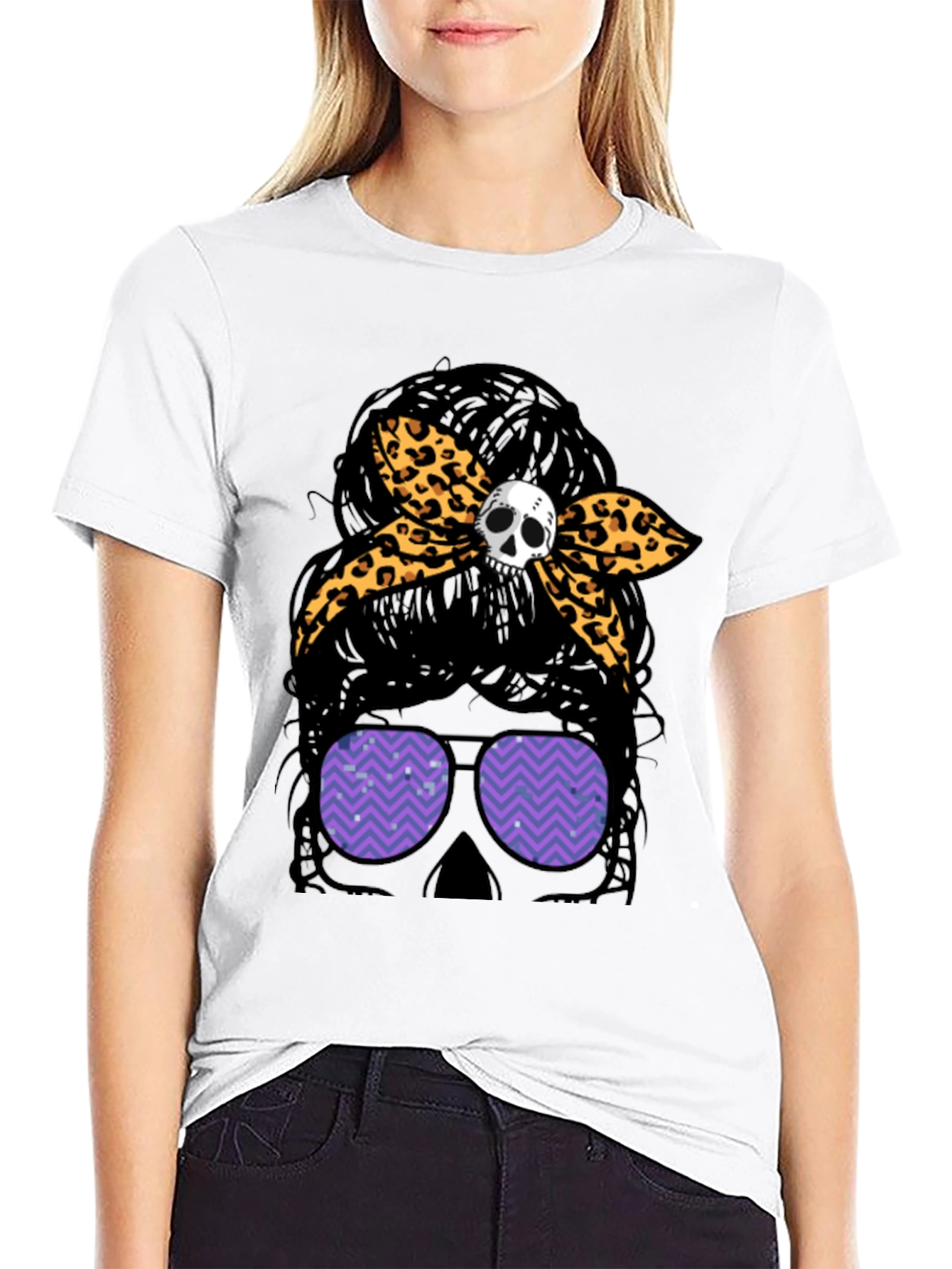 Black Messy Bun Skull Leopard Bow T-Shirt view 9