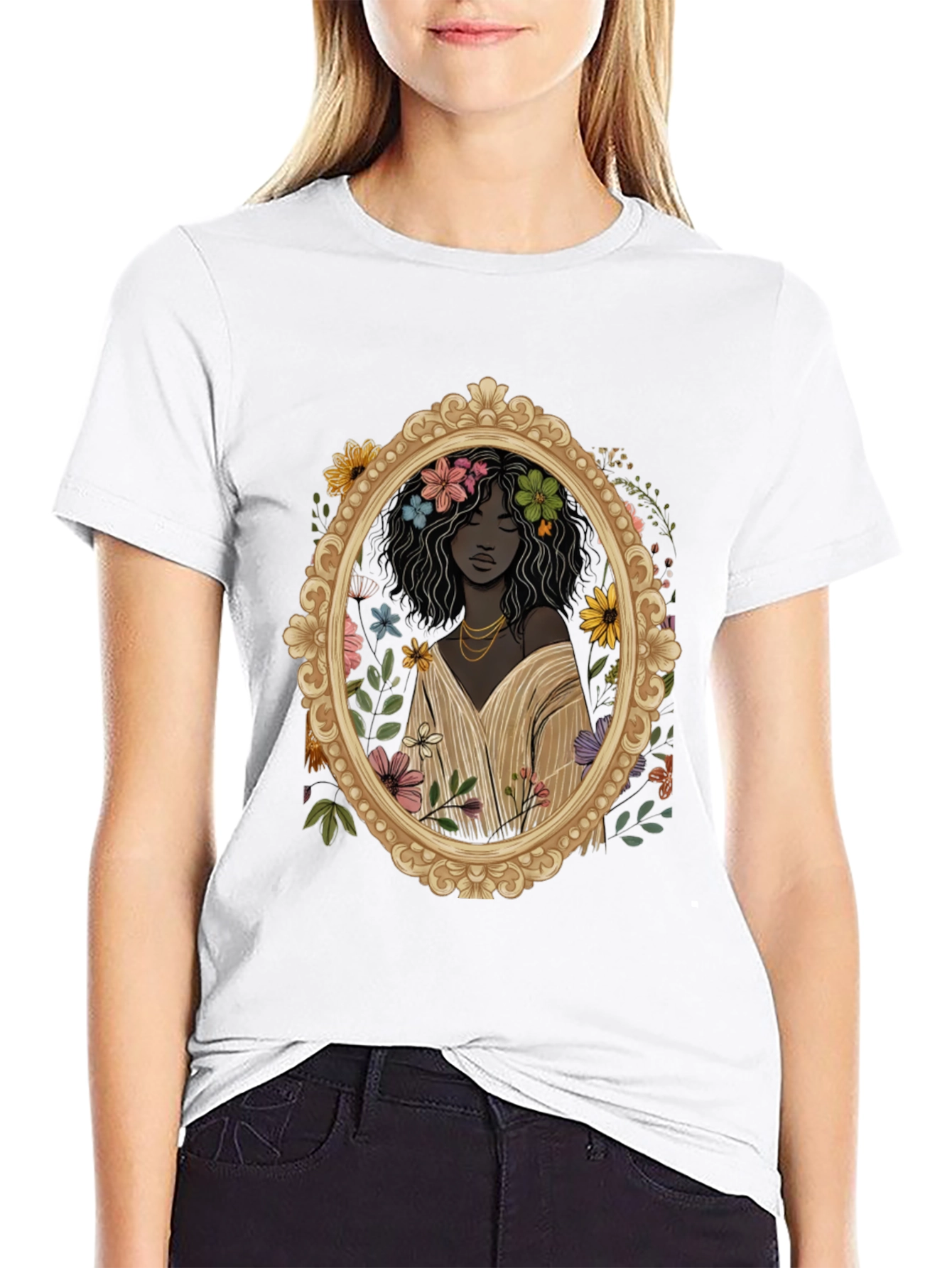 Black Floral Portrait Graphic Tee - Black Unisex T-Shirt view 9