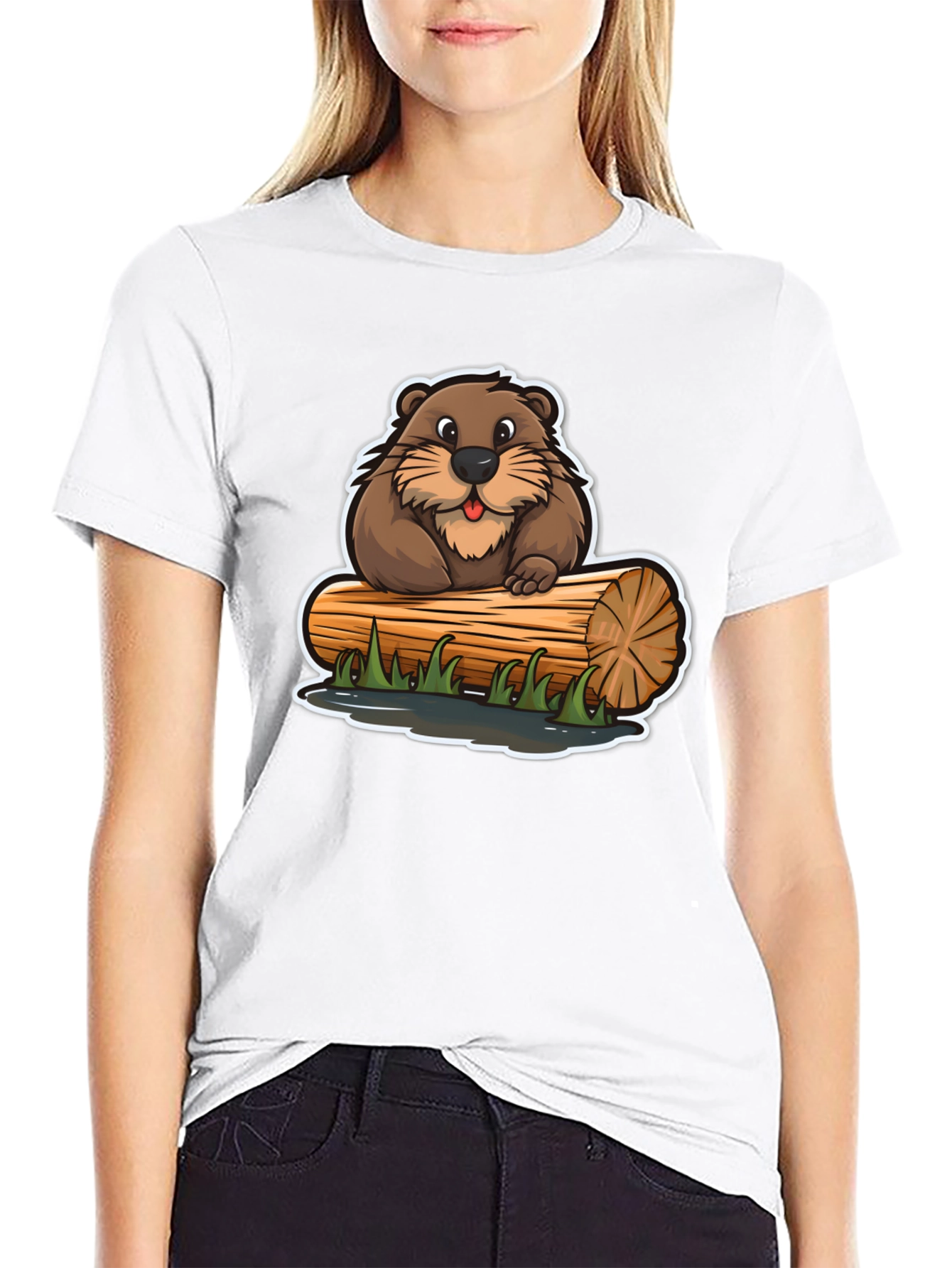 Black Cartoon Beaver on Log T-Shirt view 9