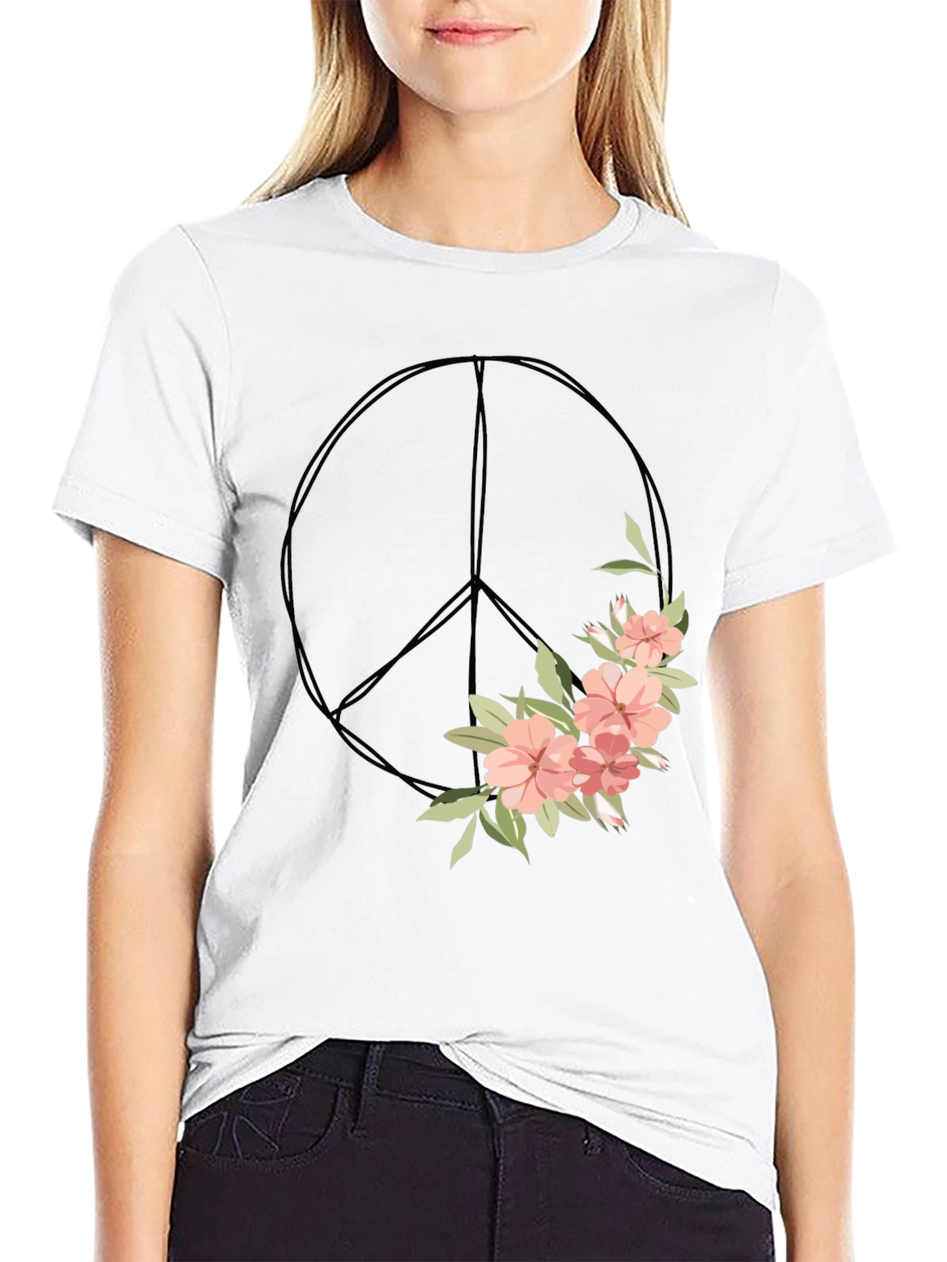 Black Floral Peace Sign Graphic Tee view 9