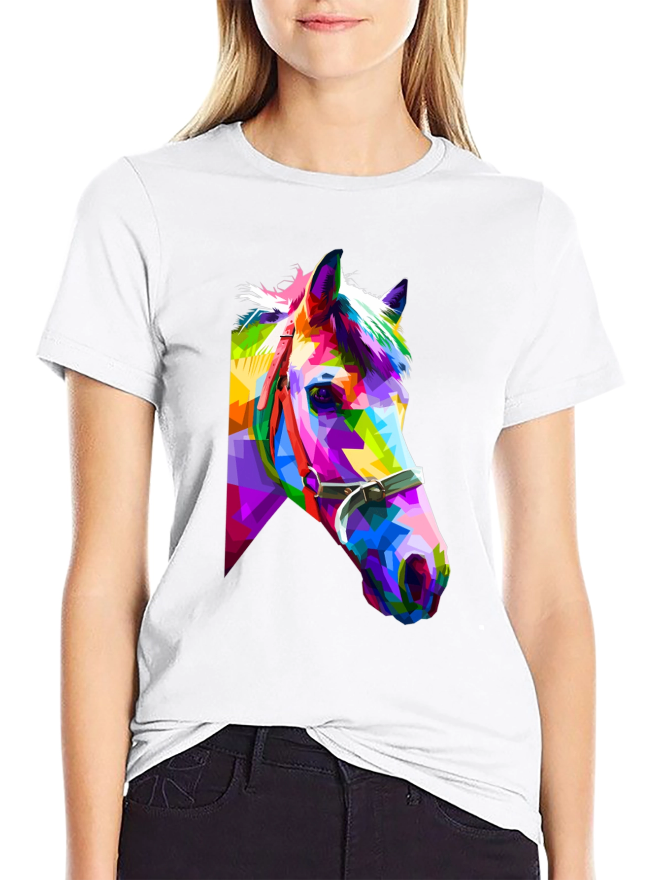 Black Geometric Horse Tee - Colorful Animal Art T-Shirt view 9