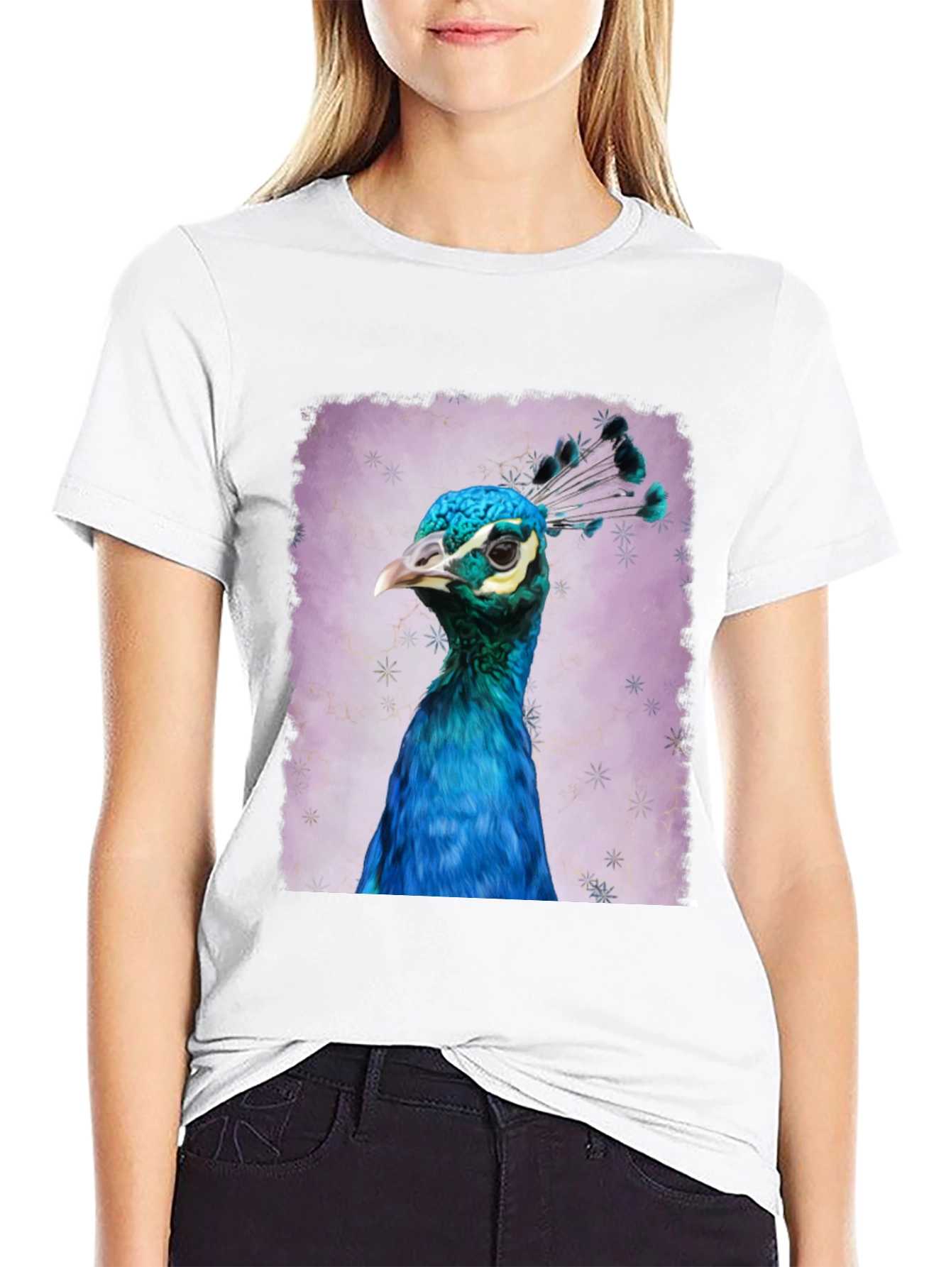 Black Peacock Portrait Graphic Tee - Black Cotton T-Shirt view 9