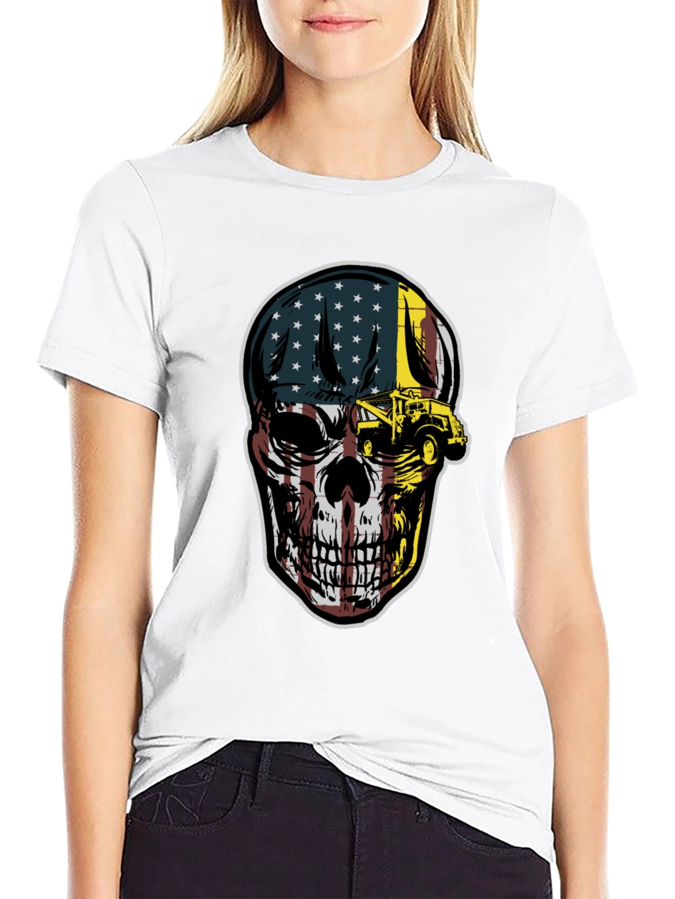Black American Flag Skull Tow Truck T-Shirt view 9