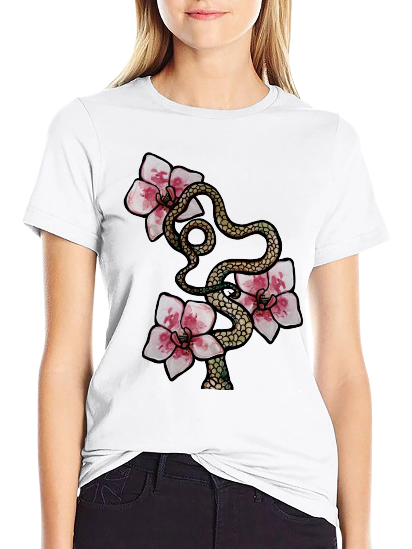 Black Snake & Flowers Graphic Tee view 9