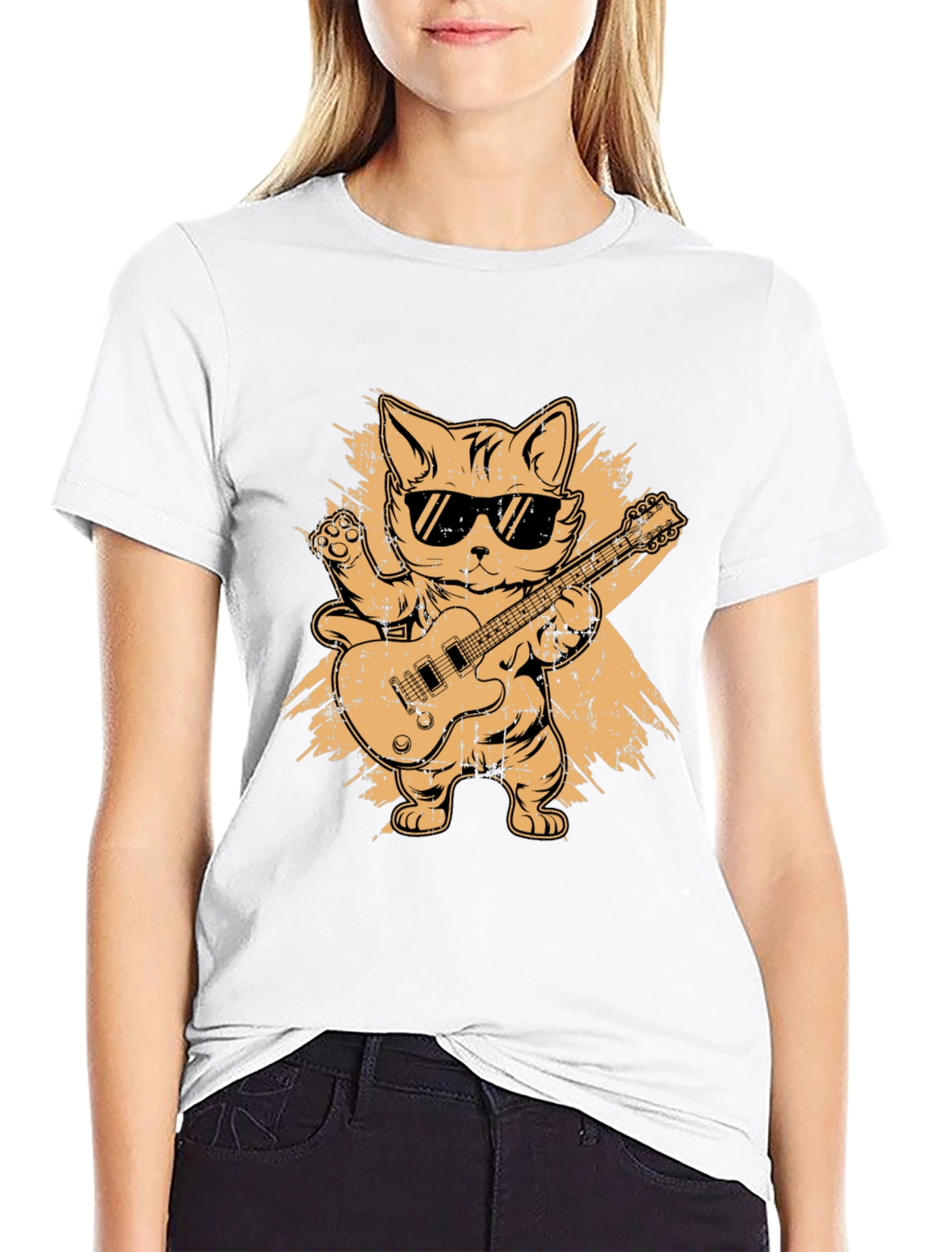 Black Cool Cat Guitarist Graphic T-Shirt view 9
