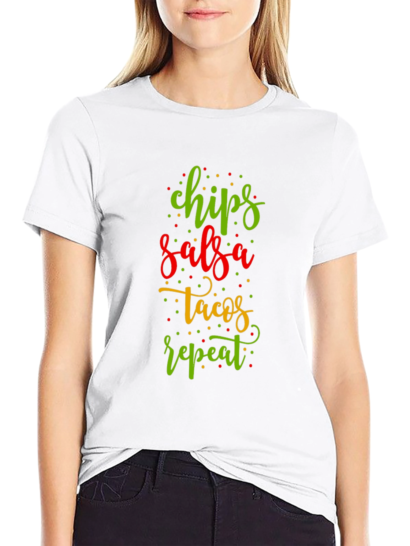 Black Chips Salsa Tacos Repeat Funny Graphic Tee view 9