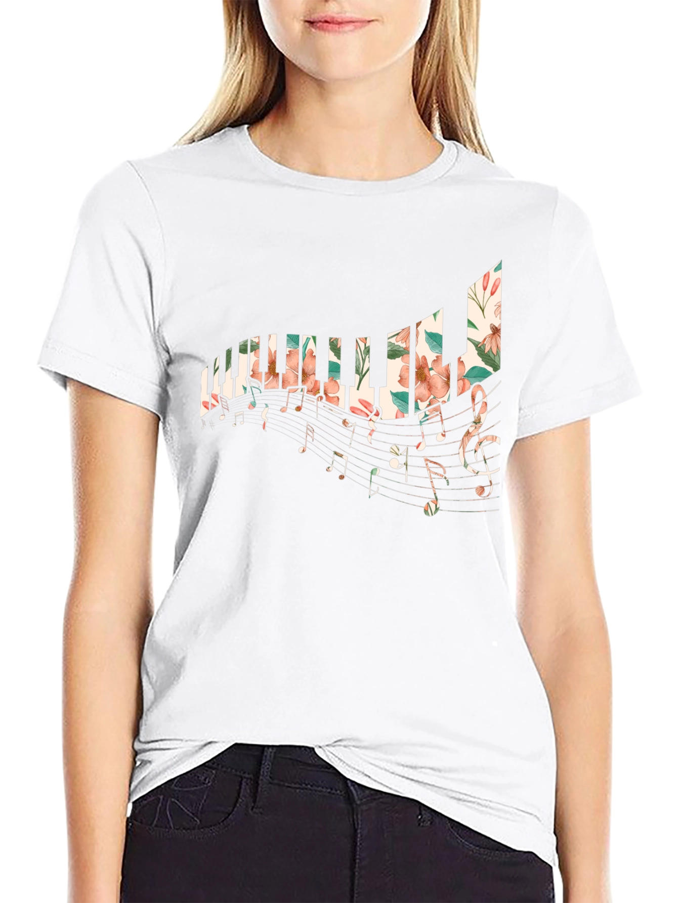 Black Floral Piano Keys T-Shirt view 9
