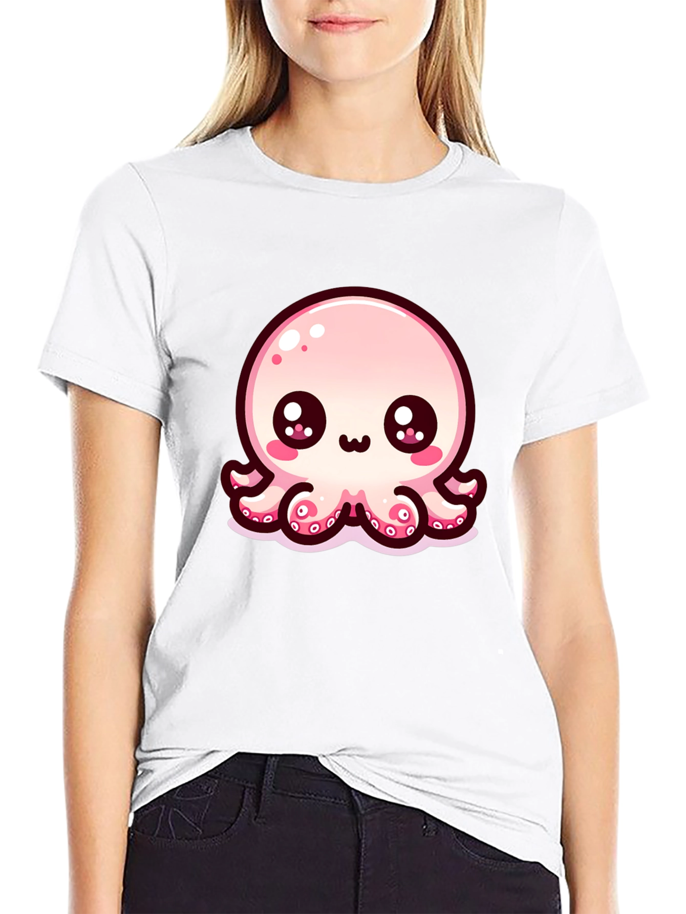 Black Cute Cartoon Octopus Black T-Shirt view 9