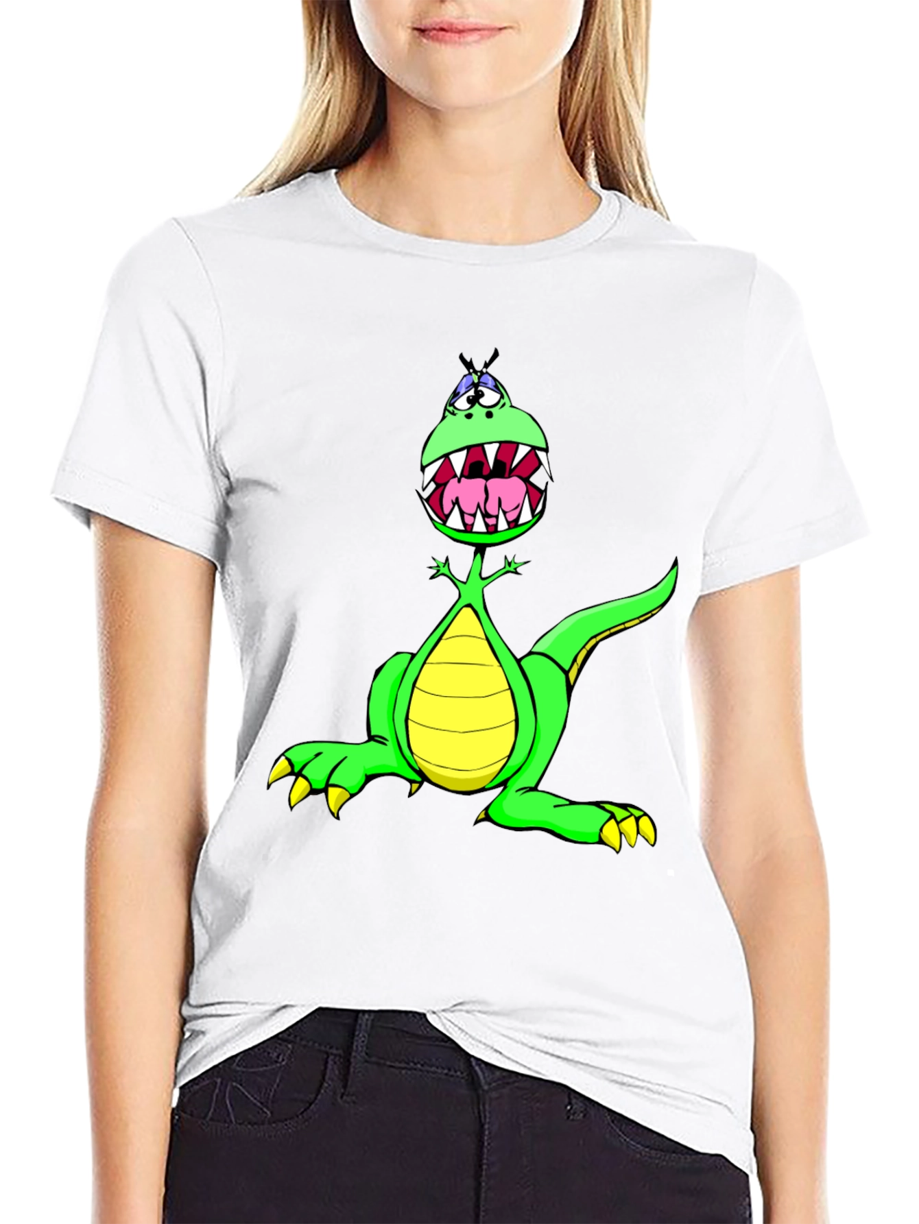 Black Cartoon Dinosaur Graphic Tee - Funny T-Shirt view 9