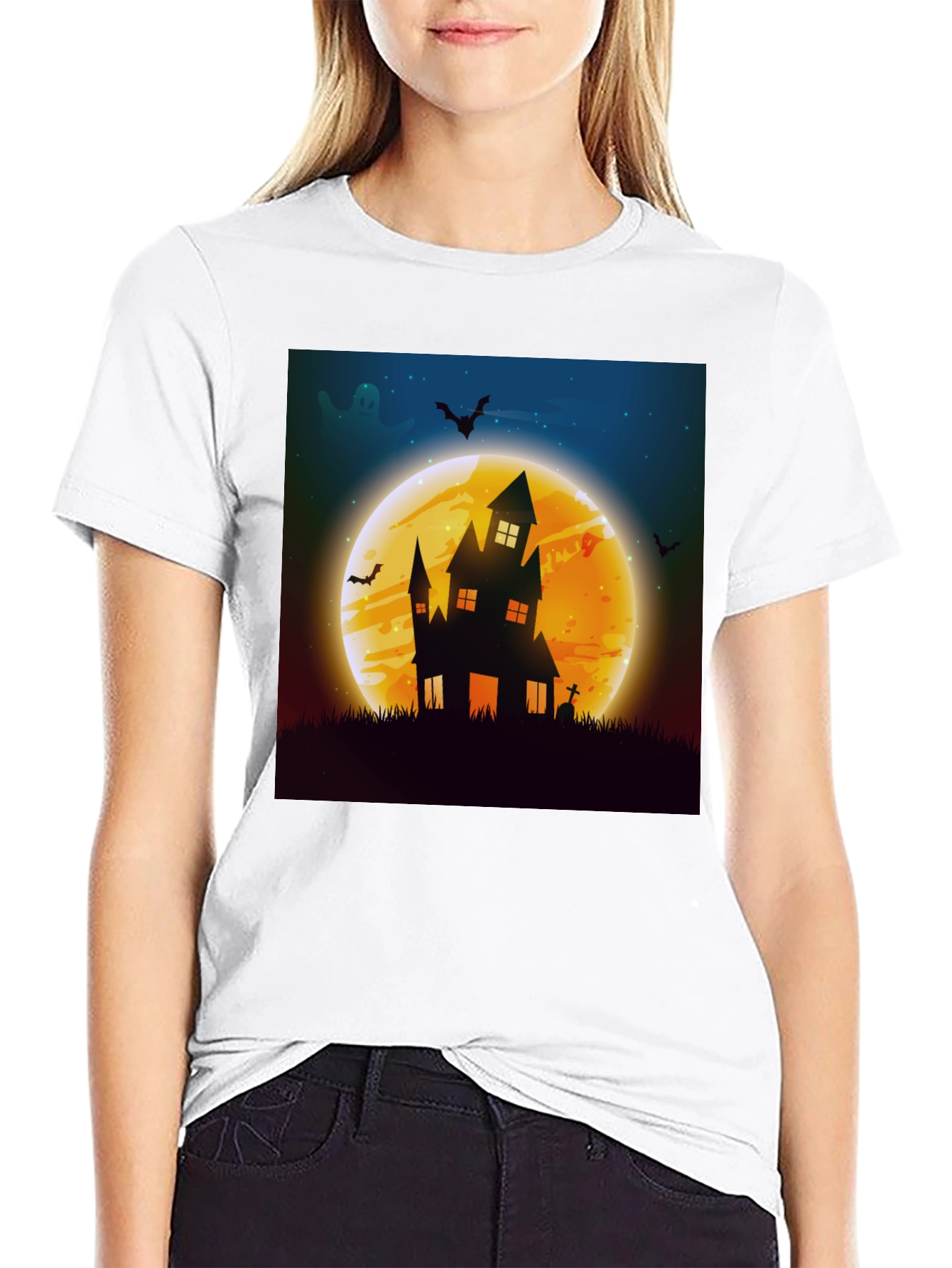 Black Spooky Halloween Haunted House Graphic Tee view 9