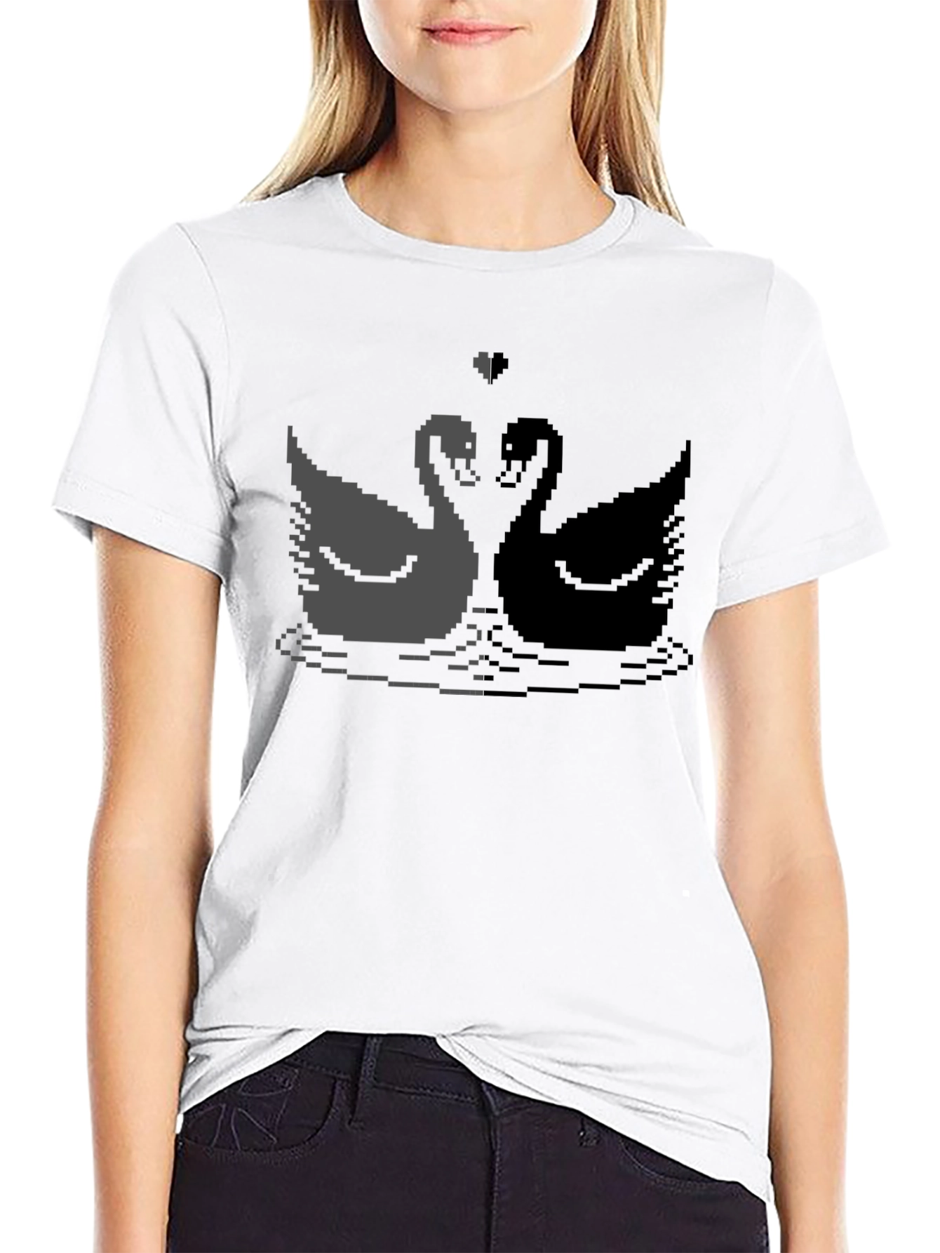 Black Pixel Swan Love T-Shirt - Black view 9
