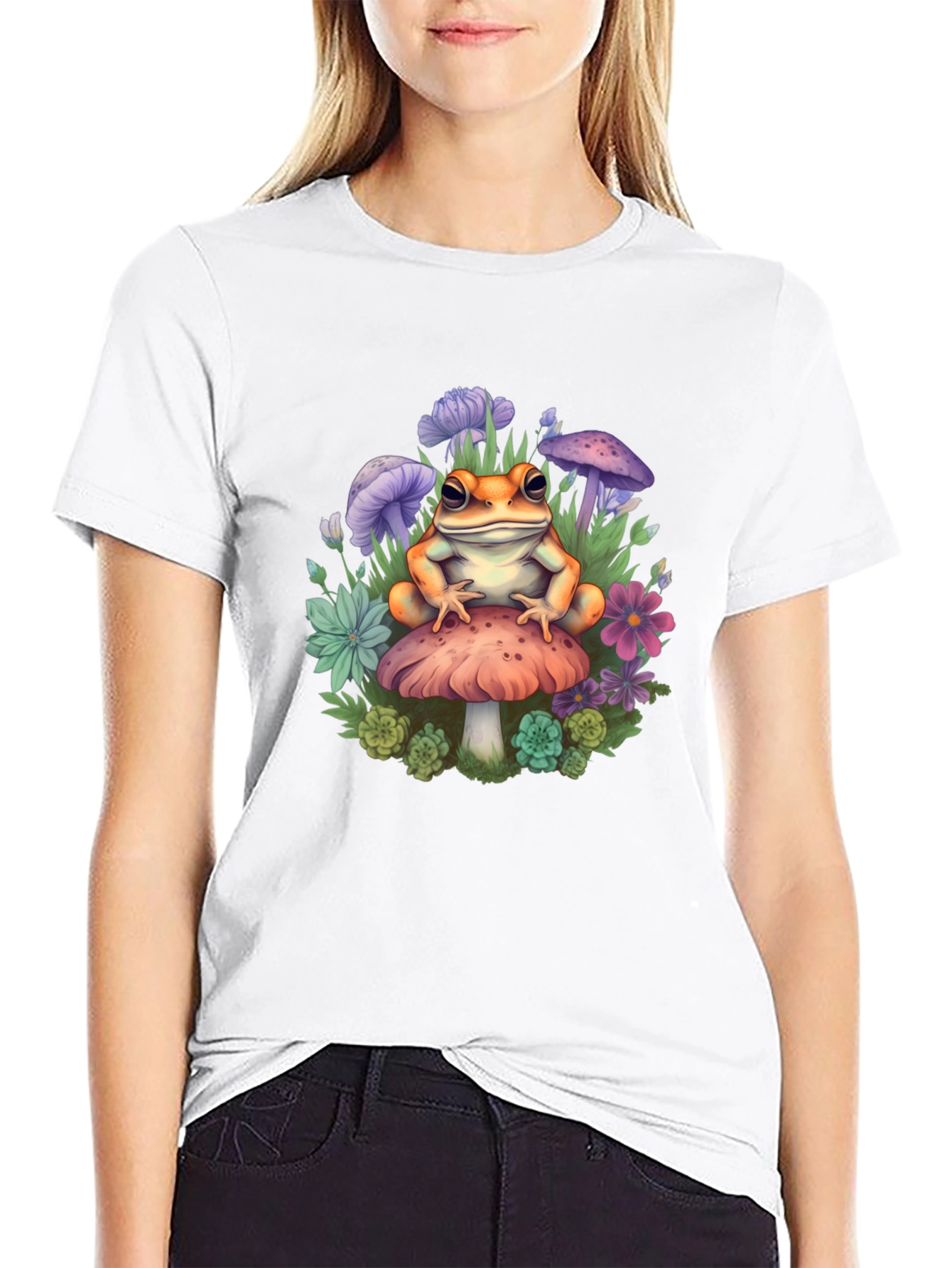 Black Frog on Mushroom Graphic Tee - Whimsical Toadstool Design view 9