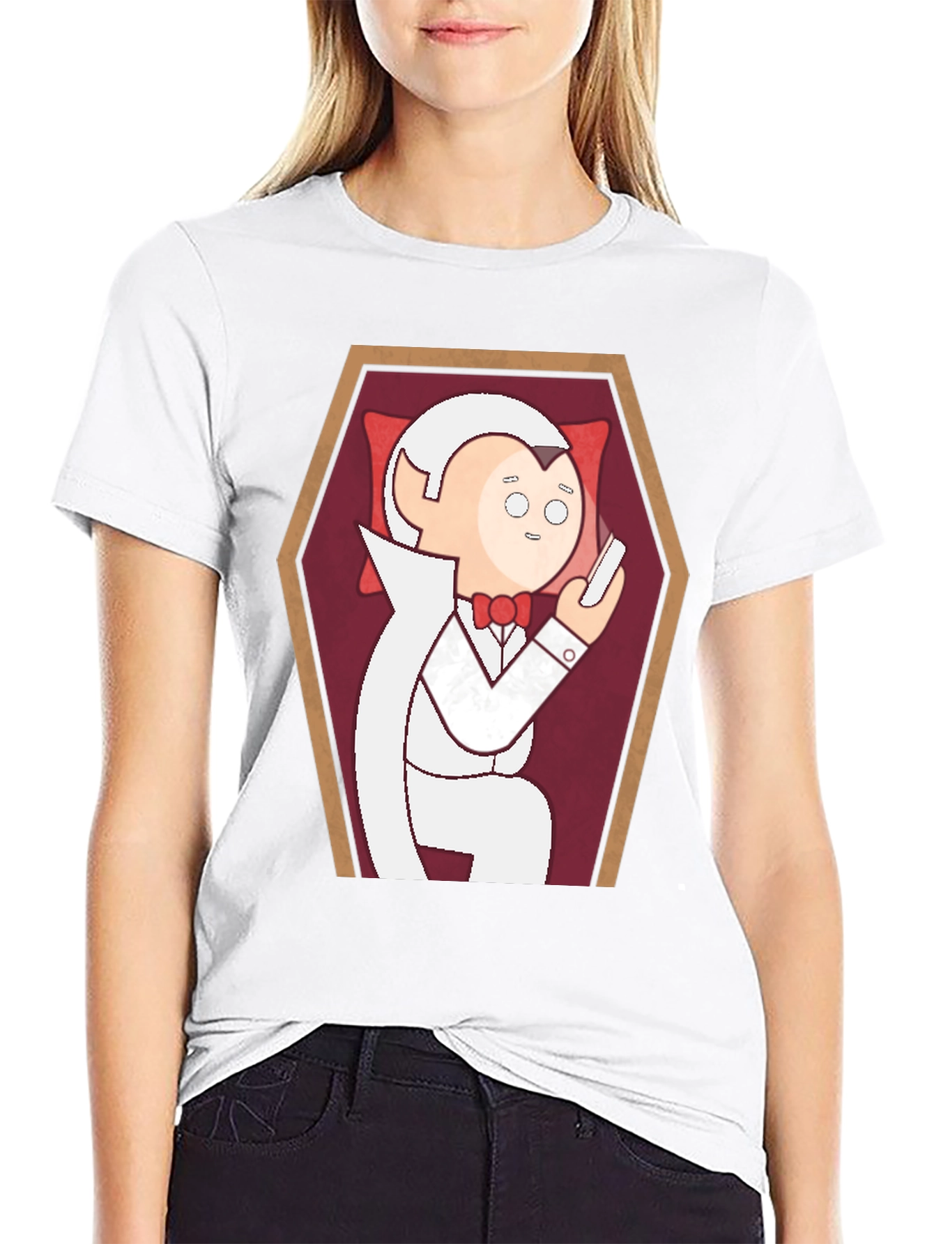 Black Funny Cartoon Vampire in Coffin Graphic T-Shirt view 9