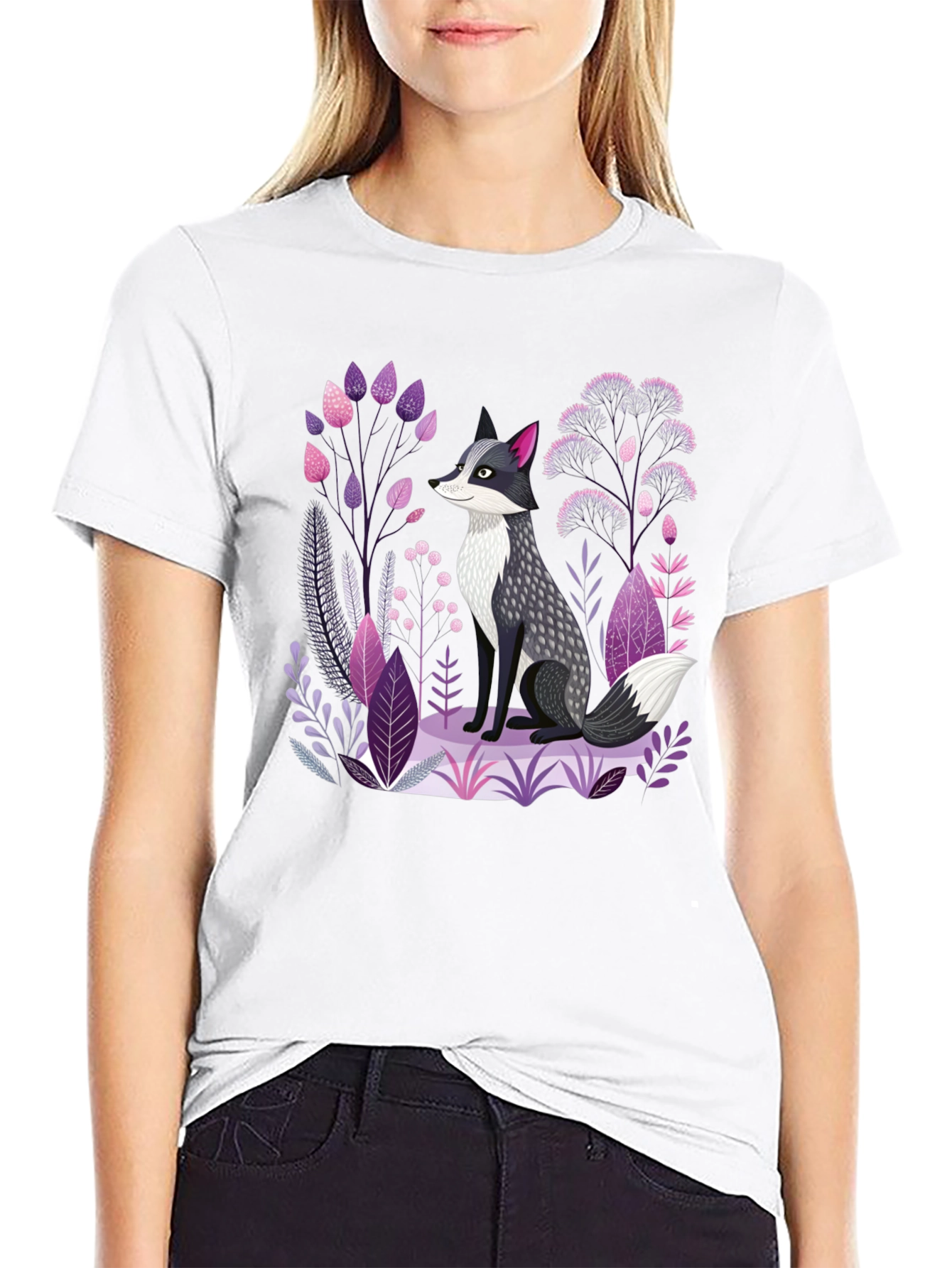 Black Fox & Floral Graphic Print Black T-Shirt view 9