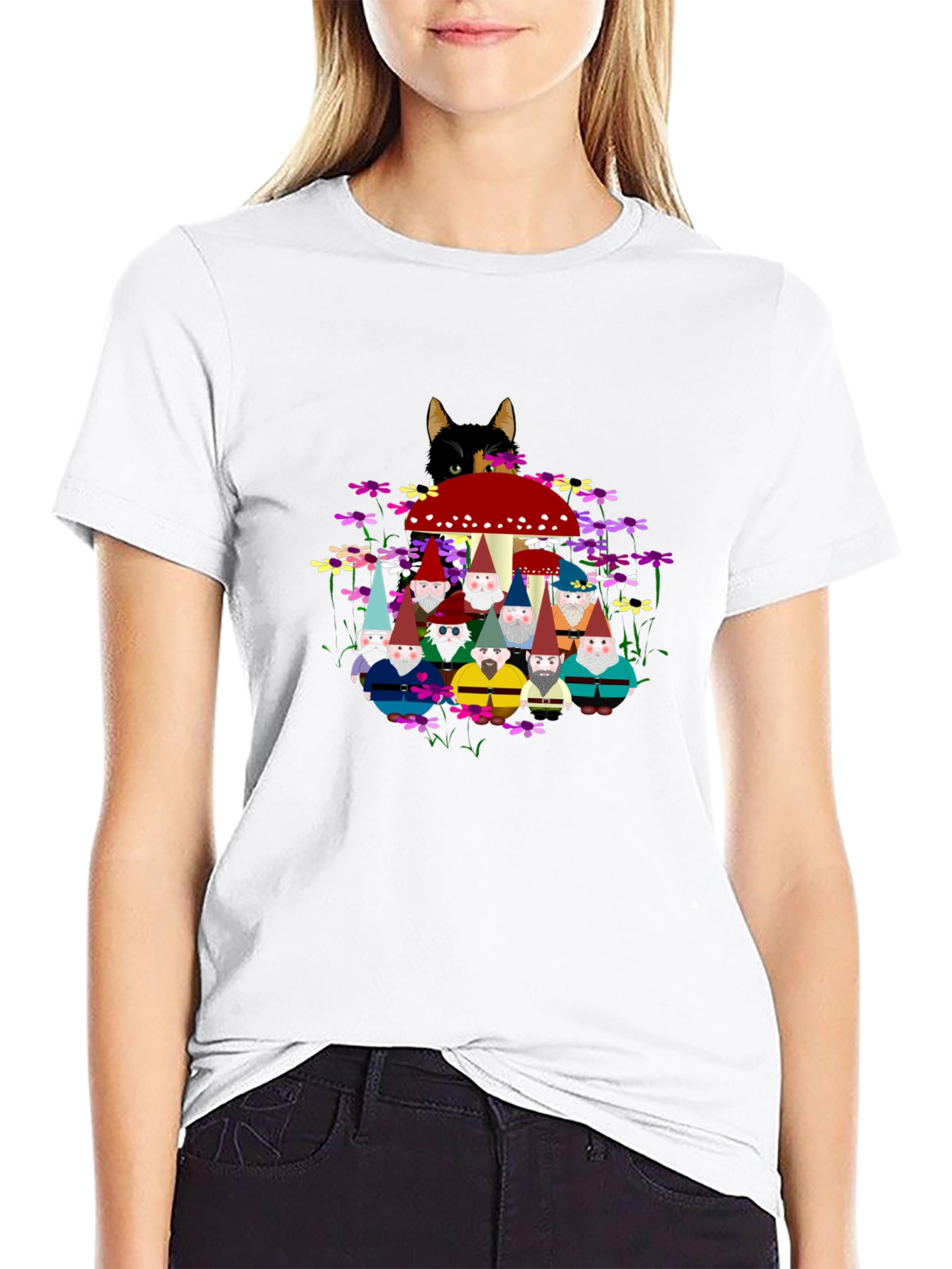 Black Gnome & Cat Graphic Tee - Funky Crew Neck view 9
