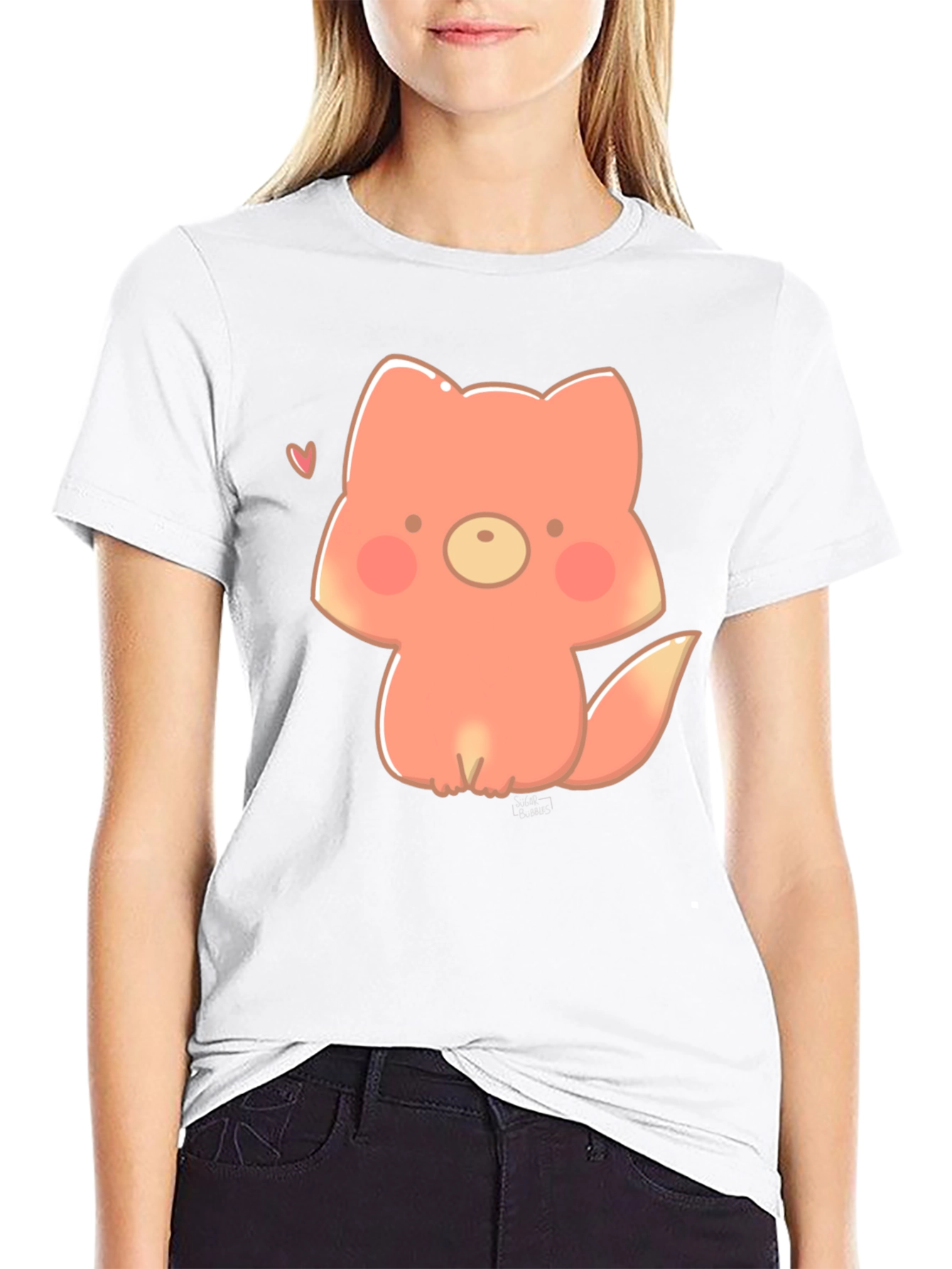 Black Cute Cartoon Fox Black T-Shirt view 9