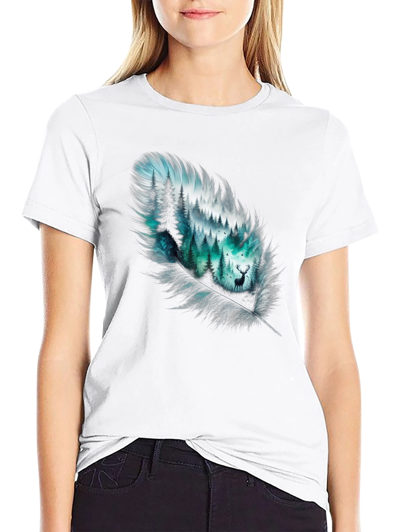 Black Feather Forest Graphic Tee - Nature Inspired Design view 9