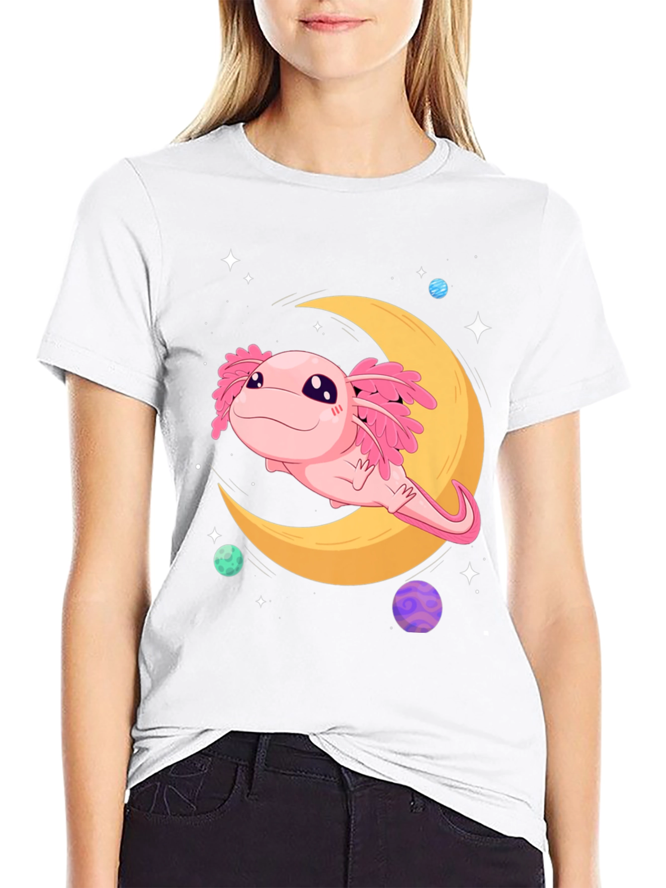 Black Axolotl Moon T-Shirt - Cute Space Design view 9