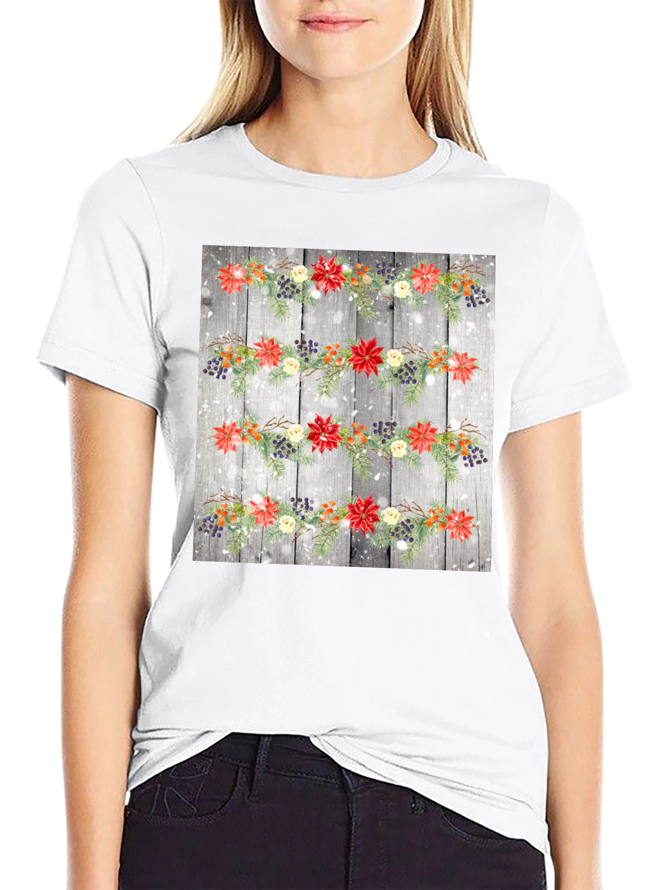Black Festive Floral Garland T-Shirt view 9